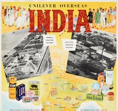 Original Vintage Advertising Poster Unilever Overseas India Illustrated Map