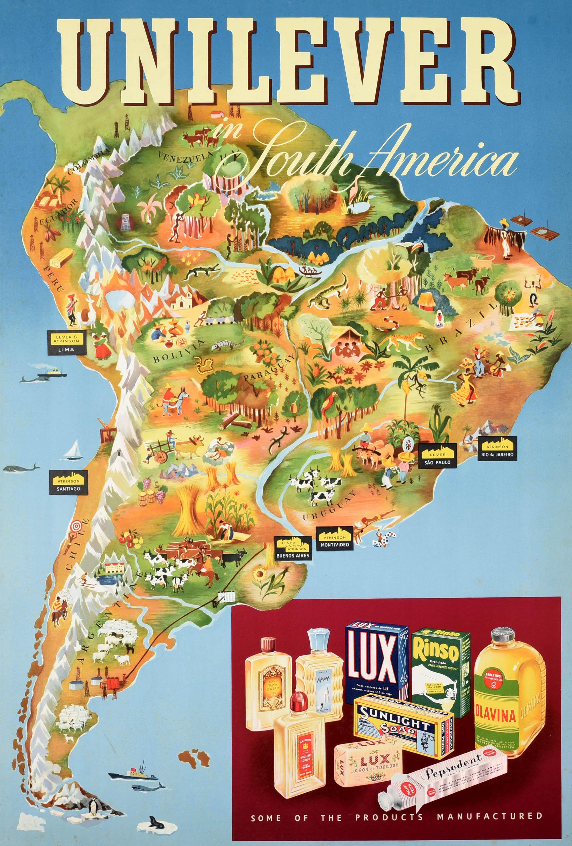 Original vintage advertising poster for Unilever in South America featuring a colourful illustrated map marking the factories - Lever & Atkinson Lima Peru / Atkinson Santiago Chile / Lever Atkinson Buenos Aires Argentina / Atkinson Montevideo