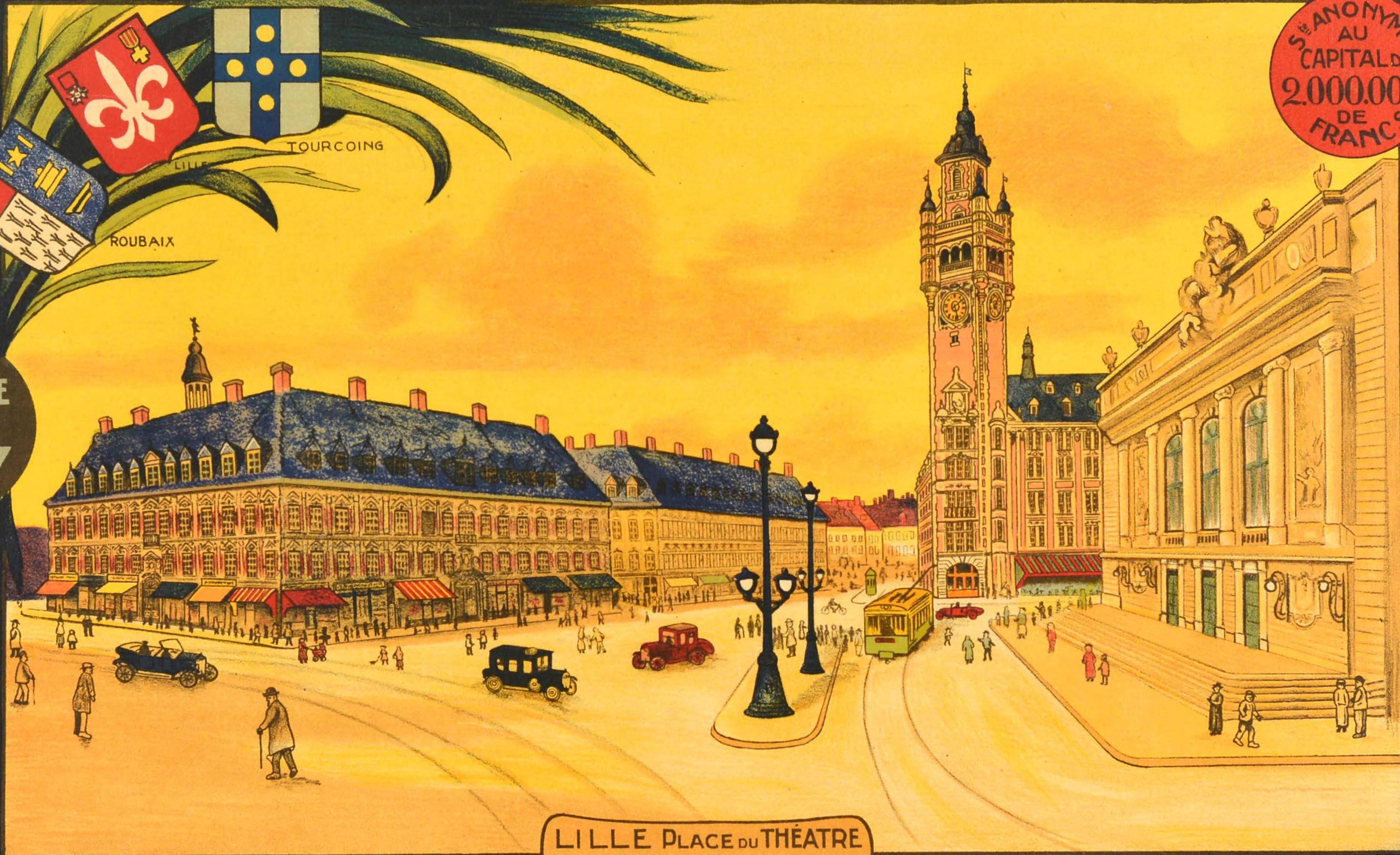 Original Vintage-Werbeplakat für die 1876 gegründete Union Generale Du Nord Cie Locale d'Assurance Contre l'Incendie Siege Social a Lille 37 Boulevard de la Liberte - mit einer beeindruckenden Illustration in Gelbtönen, die Menschen zeigt,