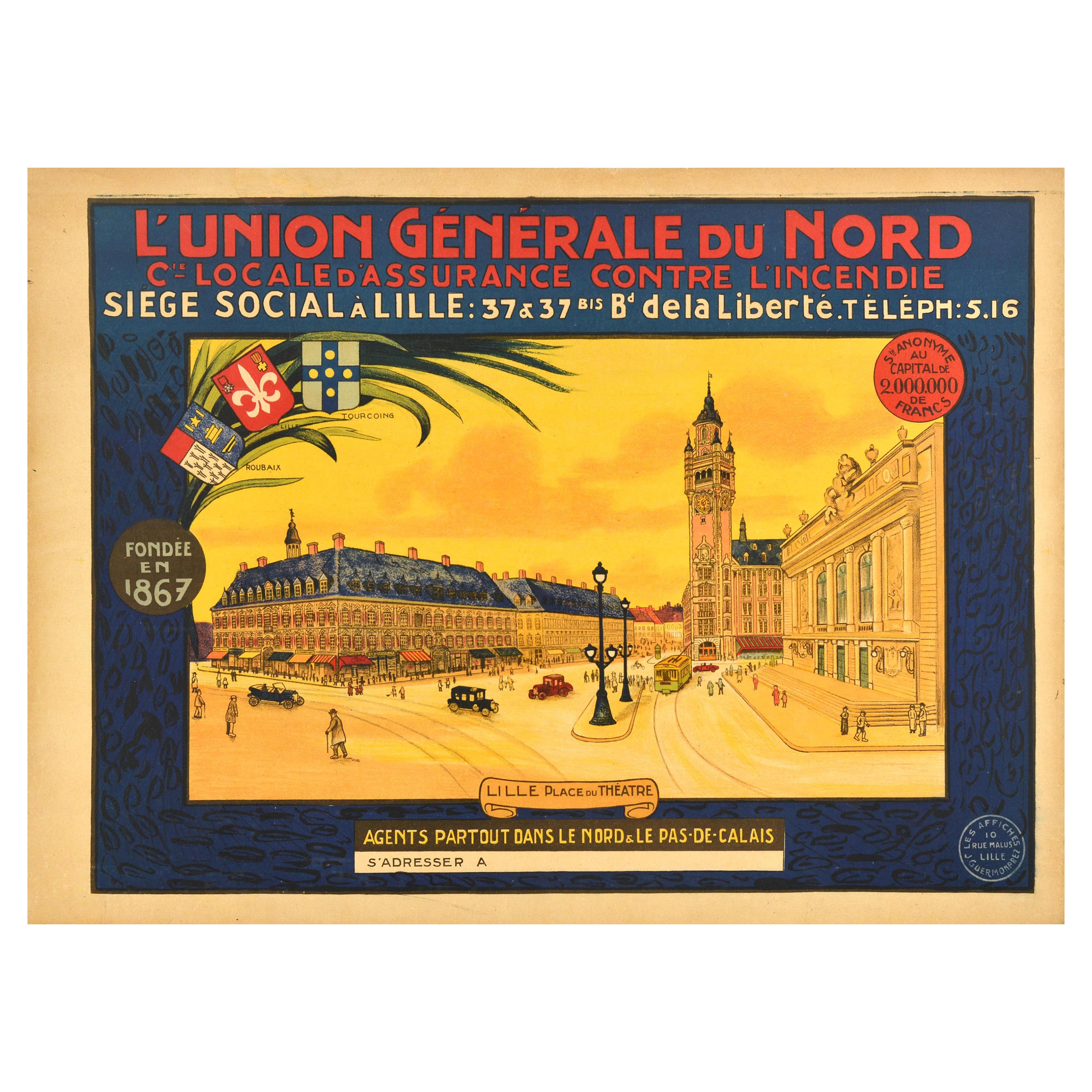 Poster pubblicitario originale d'epoca Union Generale Du Nord Fire Insurance Lille in vendita