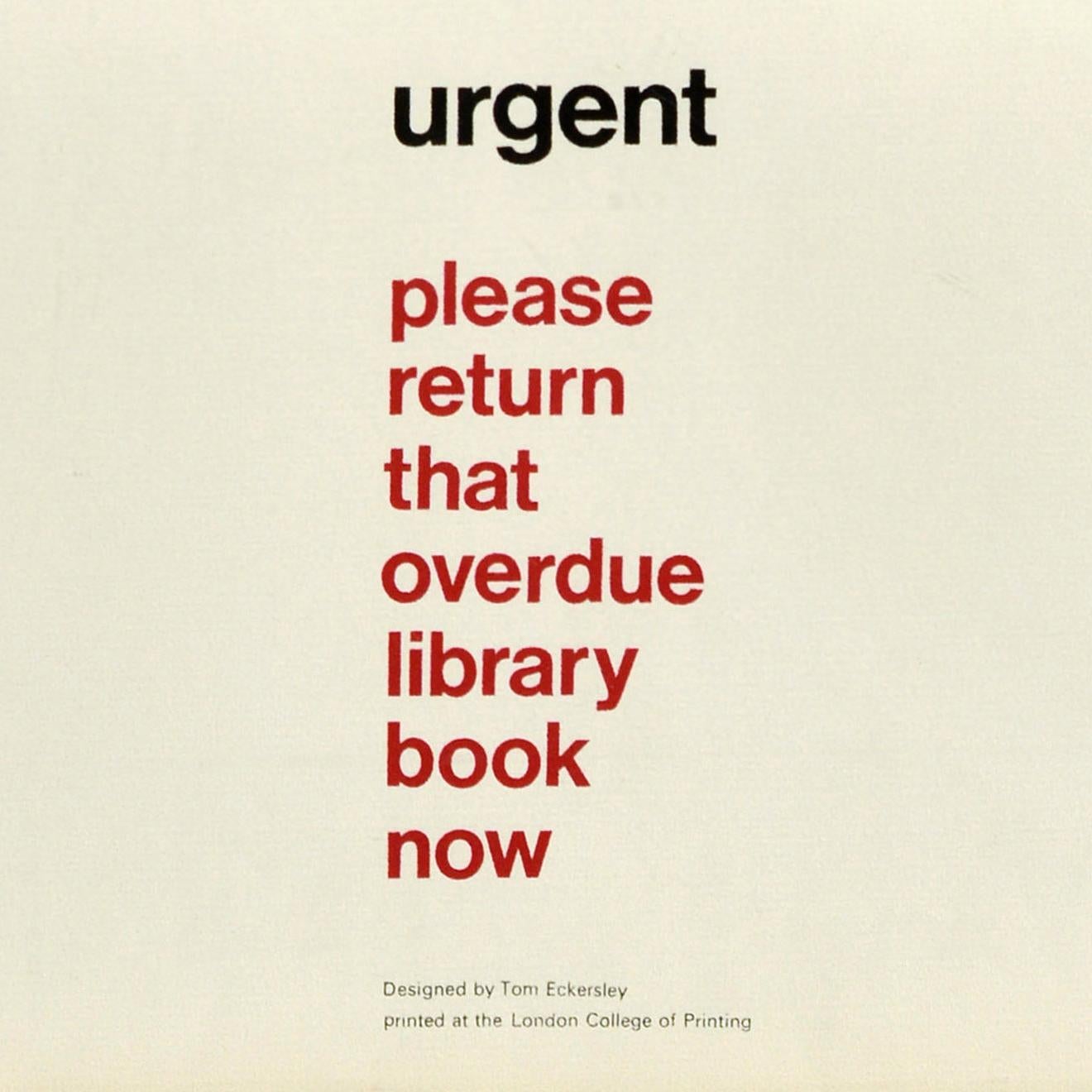 Poster pubblicitario originale d'epoca Restituzione urgente del libro della biblioteca Tom Eckersley In condizioni buone in vendita a London, GB