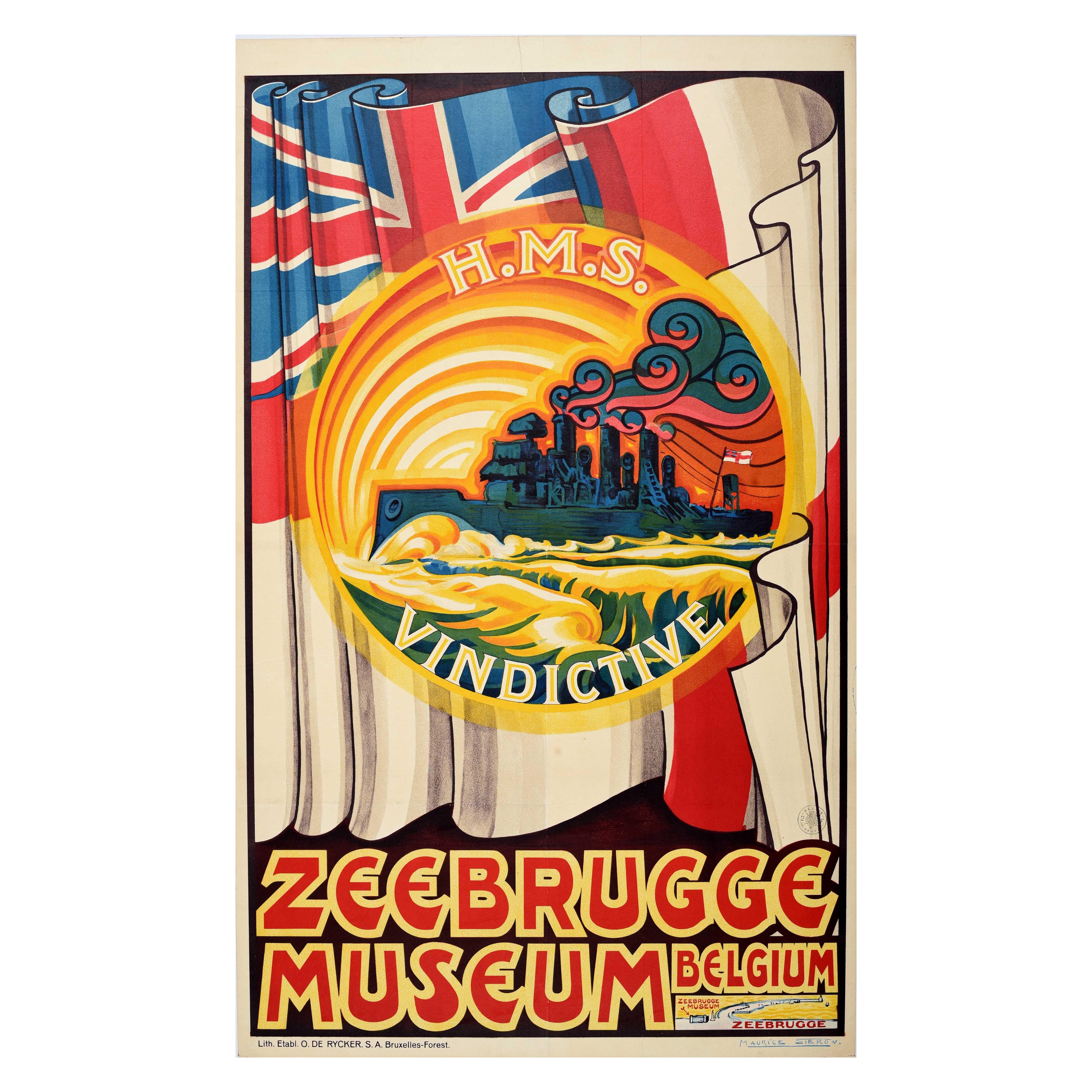 Original-Vintage-Werbeplakat Zeebrugge Museum Belgien HMS Vindictive im Angebot