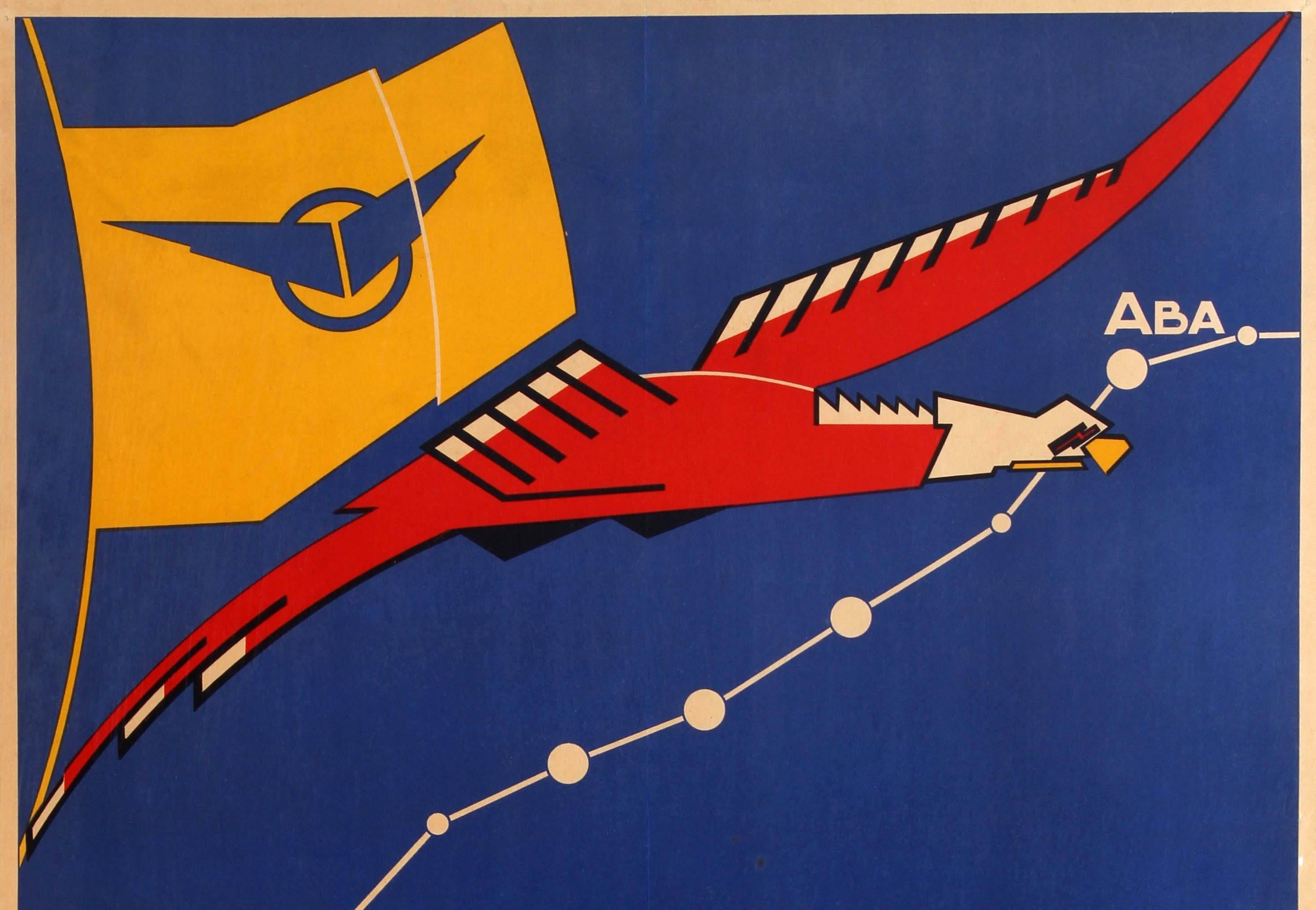 Original vintage advertising poster for the North East Congolese Aeronautic Association in Central Africa / Association Aeronautique du Nord-Est Congolais featuring a colorful Art Deco design showing a route line in white against the blue background