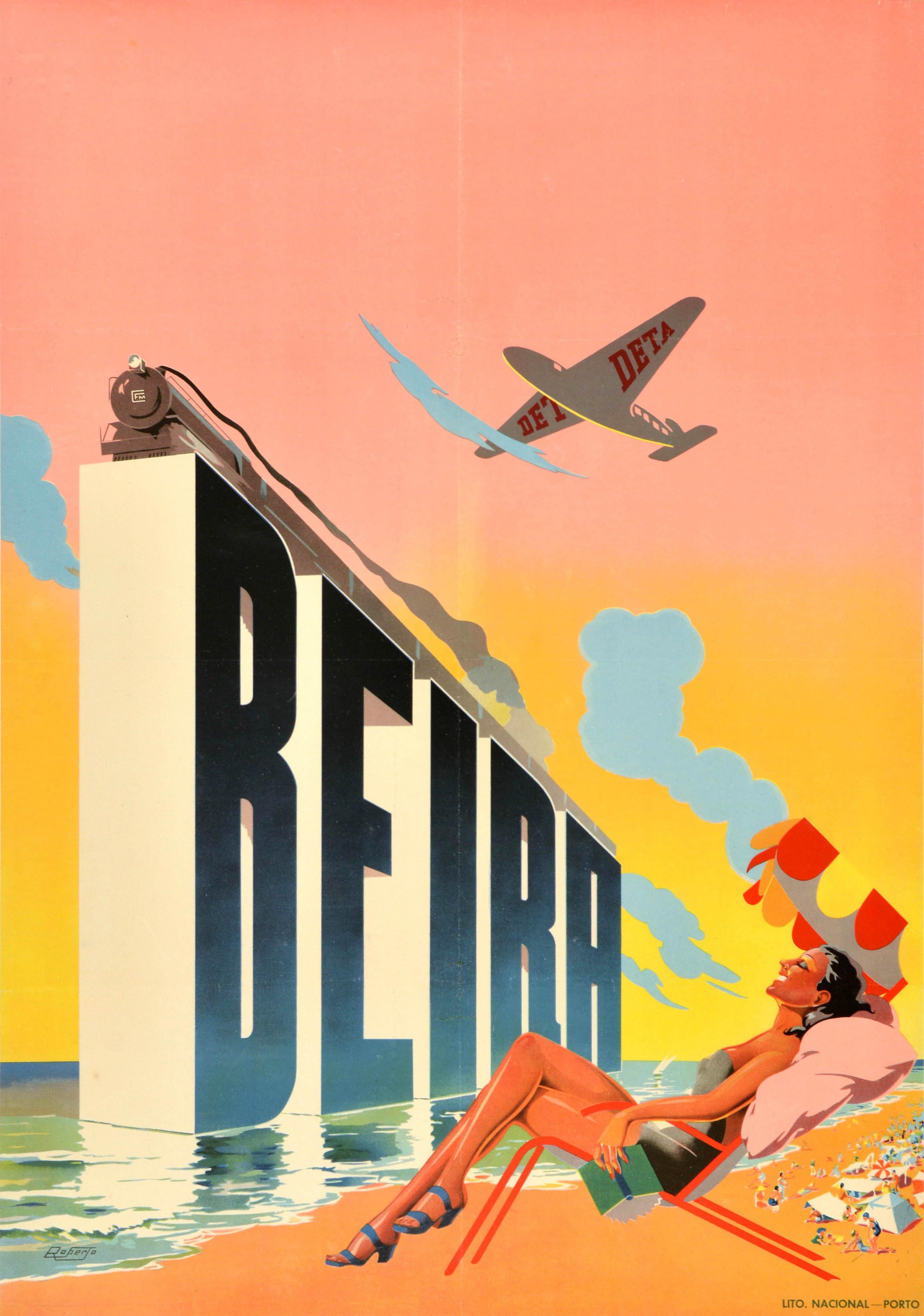 Original vintage Africa travel poster for the coastal port city of Beira in Mozambique featuring stunning artwork depicting a lady sunbathing on a deck chair and holding a book with more holiday makers visible on the sandy beach in the background,