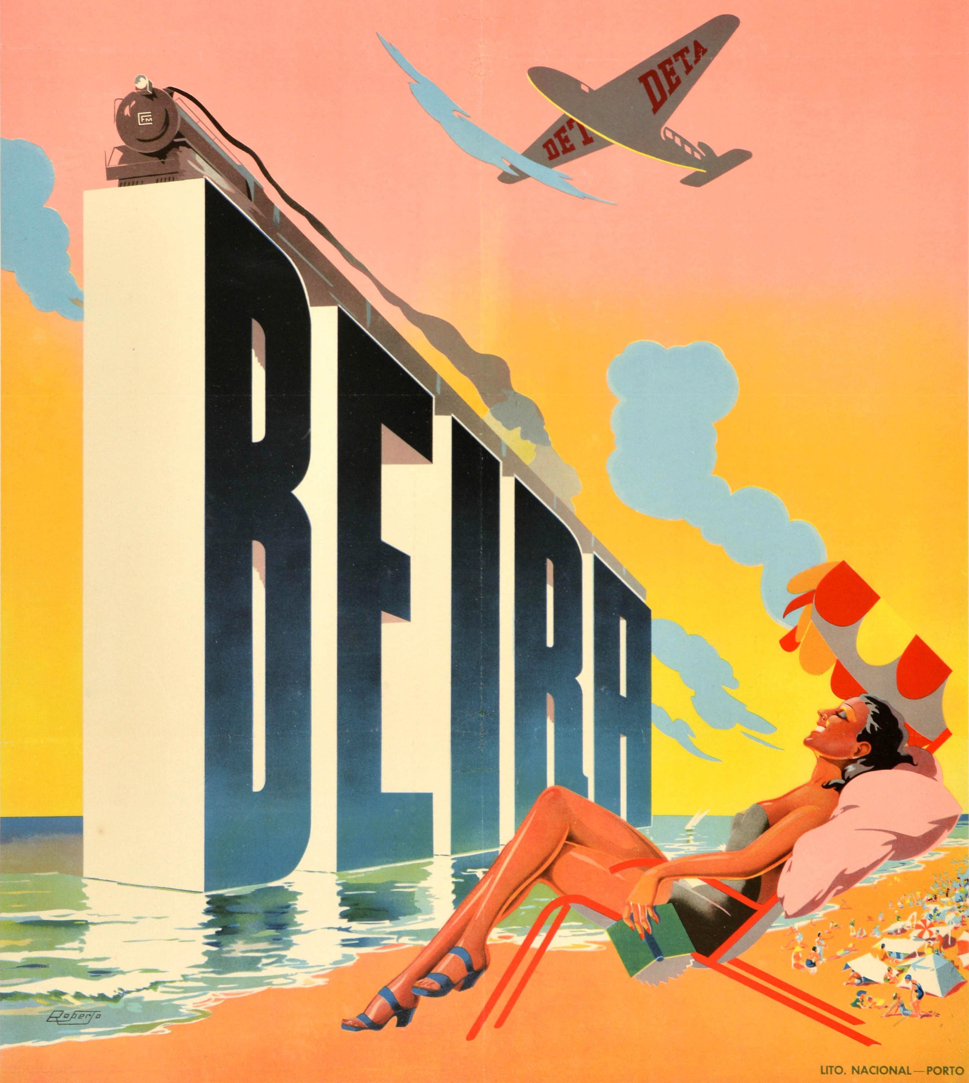 Mid-20th Century Original Vintage Africa Travel Poster Beira Portugal Mozambique DETA Airlines