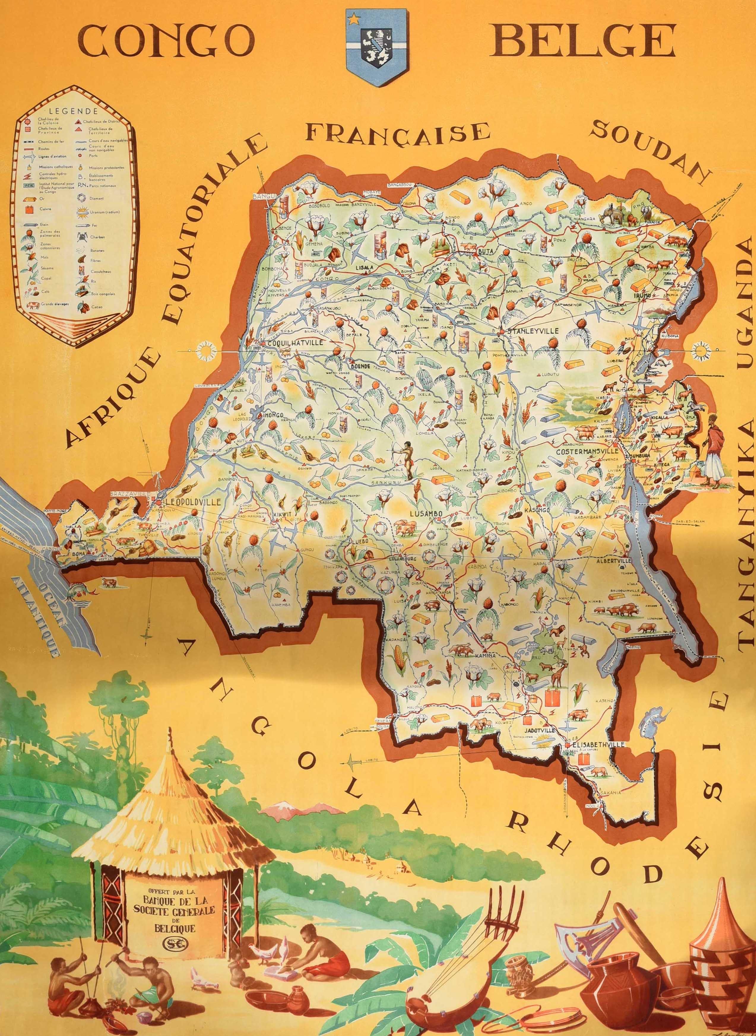 Affiche de voyage originale pour le Congo belge comprenant une carte illustrée de l'Afrique équatoriale française, du Soudan, de l'Ouganda, du Tanganyika, de la Rhodésie et de l'Angola. Le design de Frans Laboulais (1903-1988) présente une carte