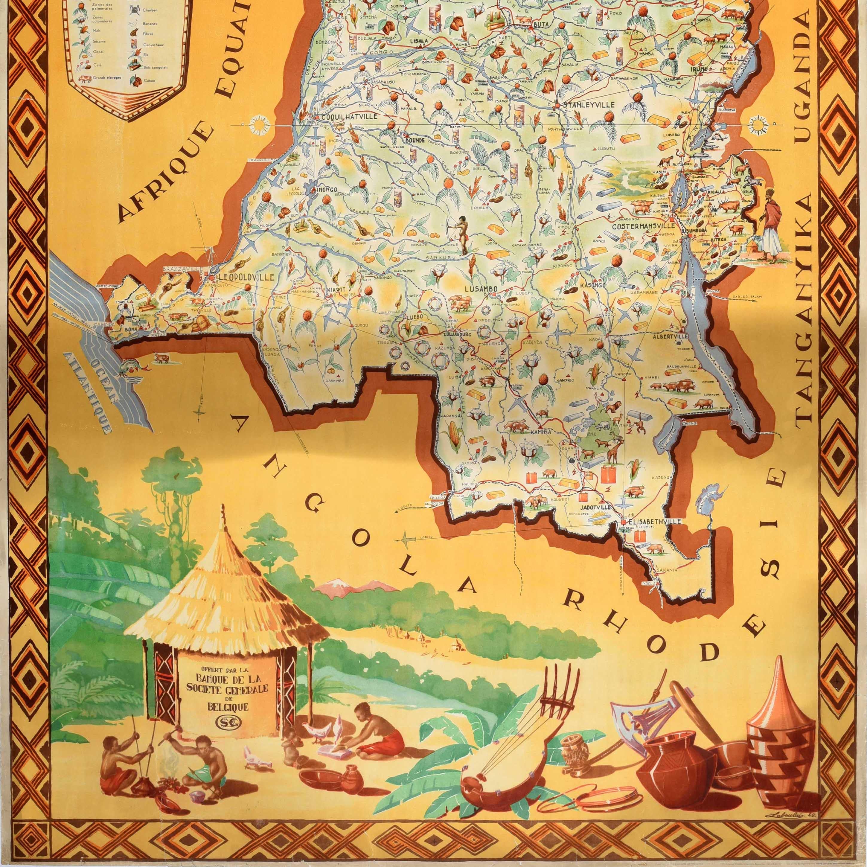 Belge Affiche rétro originale de voyage belge, Congo belge, Congo belge, carte illustrée en vente