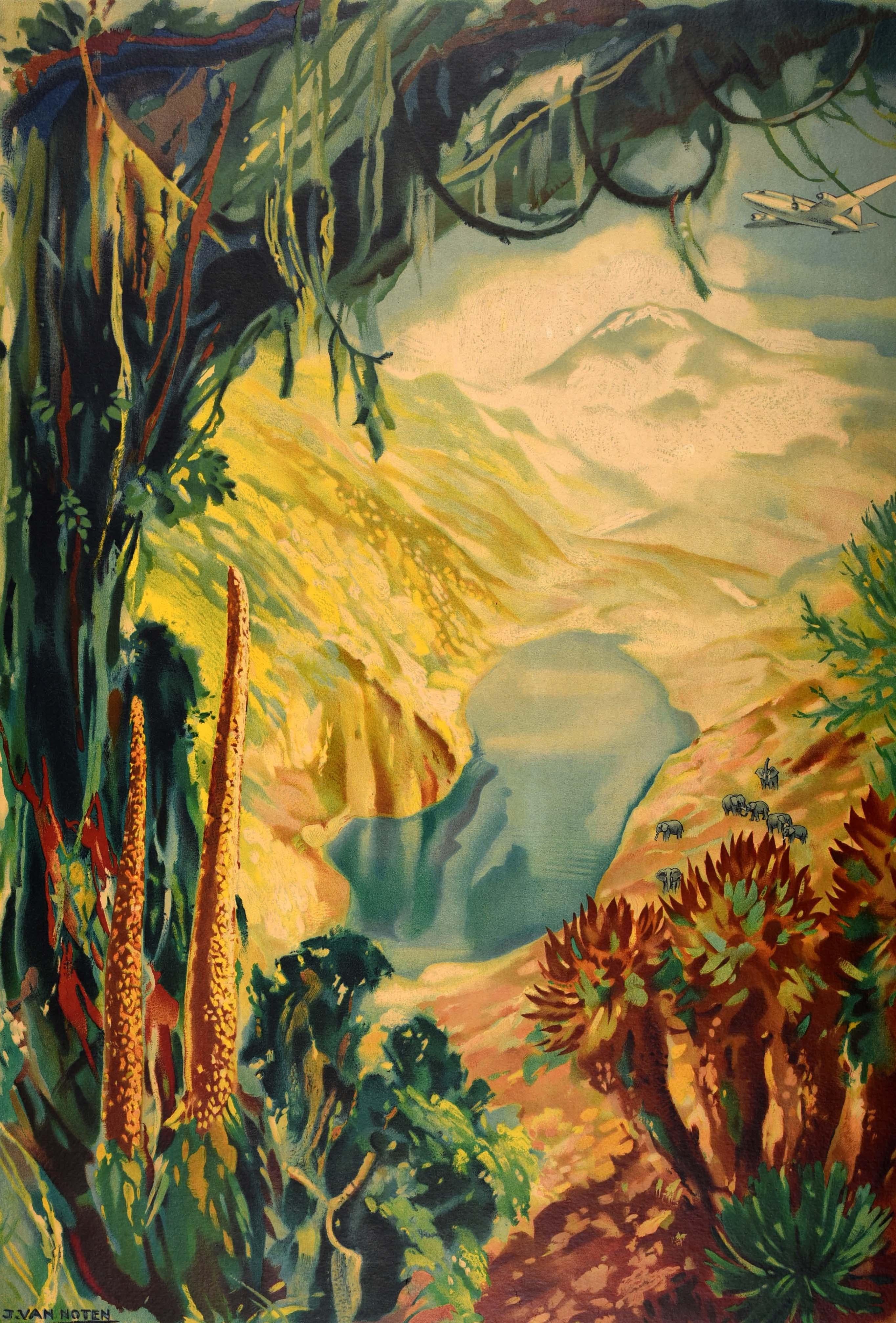 Affiche de voyage originale pour le Congo, émise par l'Office du Tourisme Colonial Belge. L'œuvre de Jean van Noten (1903-1982) représente un avion survolant des éléphants au bord d'un lac avec des montagnes au loin, encadrées par des arbres de la