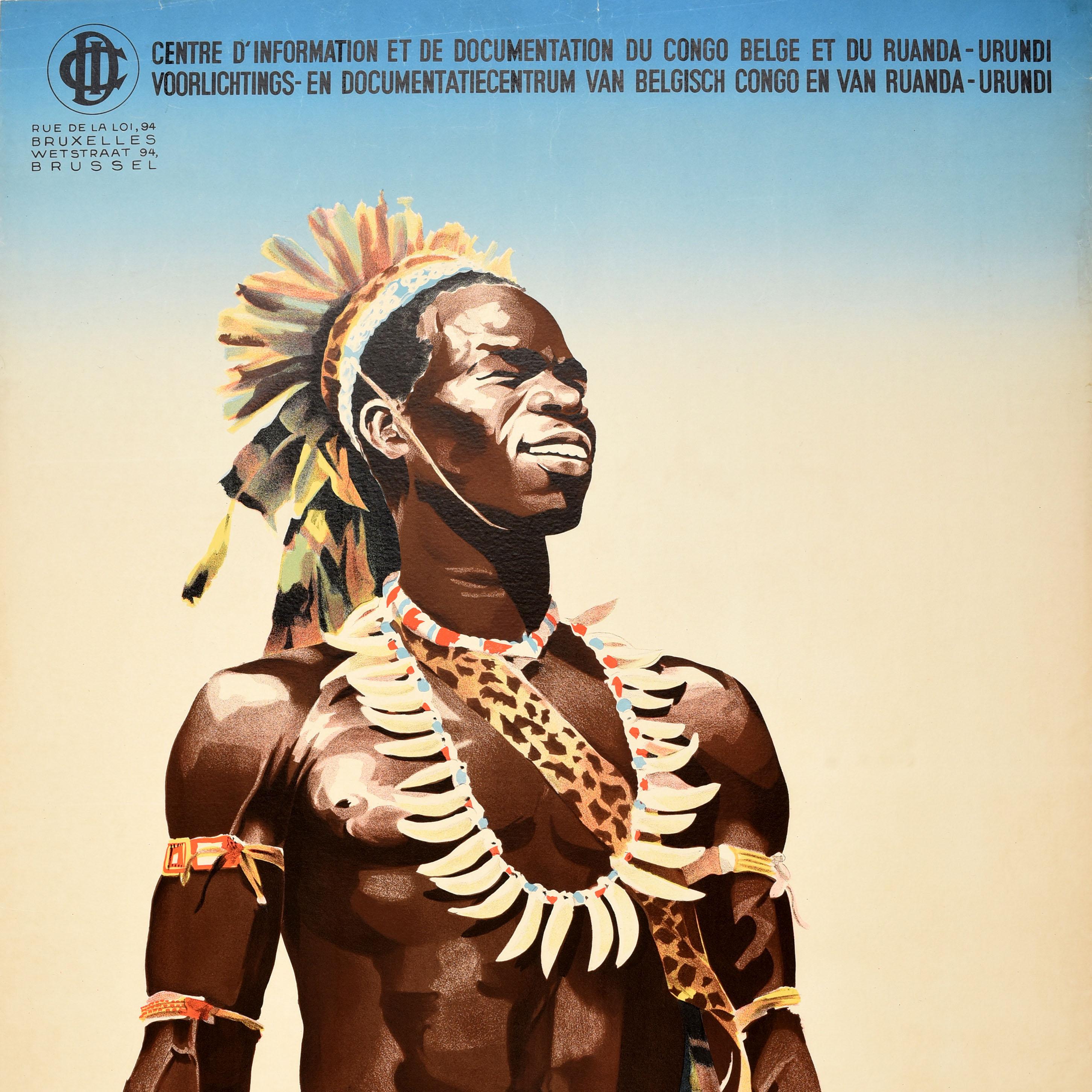 Original Vintage Africa Travel Poster Belgian Congo Ruanda Urundi Tribal Dress In Good Condition For Sale In London, GB