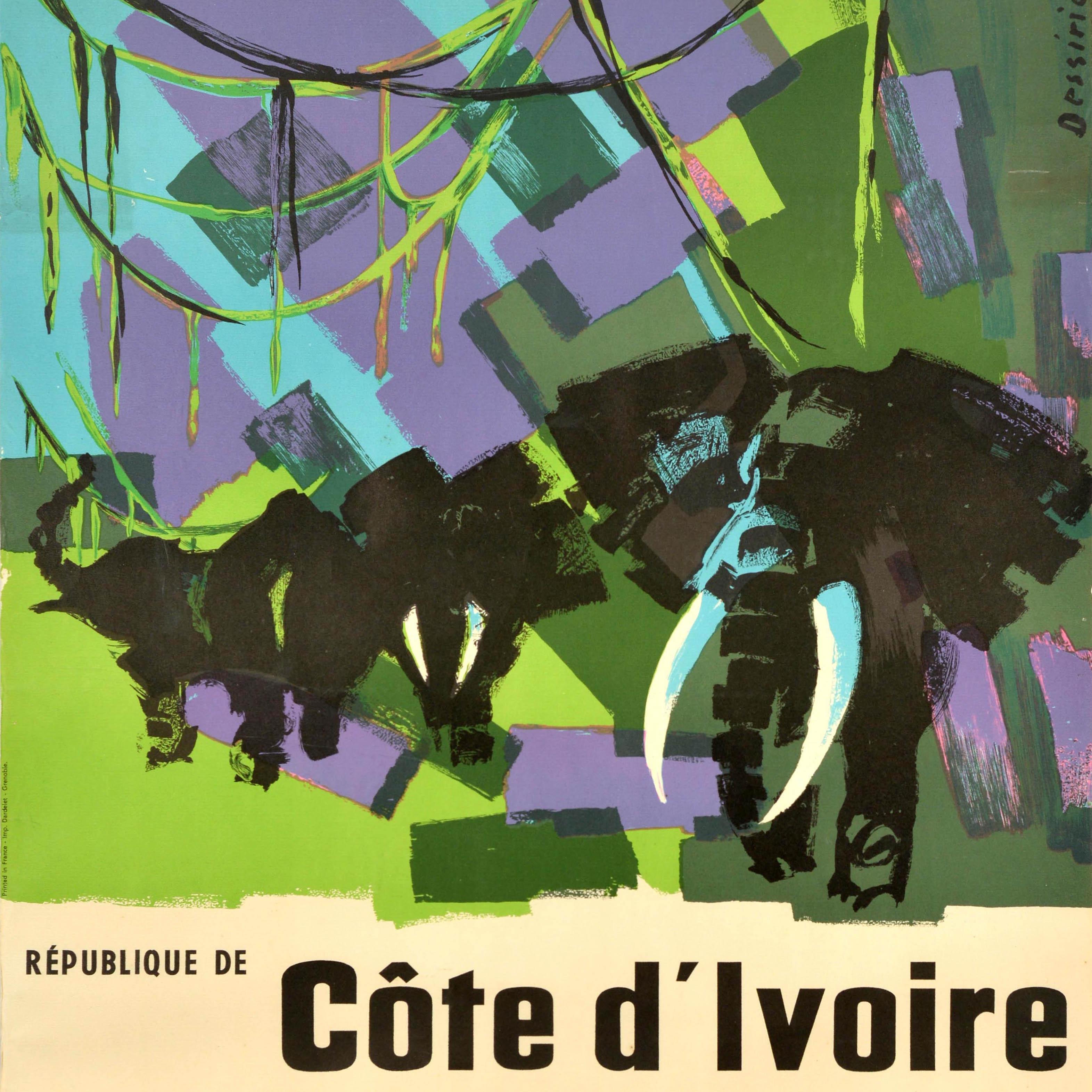 French Original Vintage Africa Travel Poster Ivory Coast Cote d'Ivoire Elephant Design For Sale