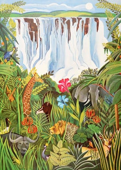 Poster di viaggio originale dell'Africa d'epoca Rhodesia Zimbabwe Cascate Vittoria Jungling