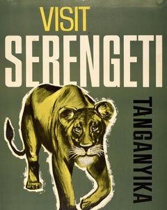 Original Vintage Africa Travel Poster Serengeti Park Tanganyika Lion Tanzania