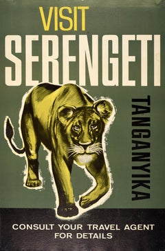 Original Vintage Africa Travel Poster Serengeti Park Tanganyika Lion Tanzania