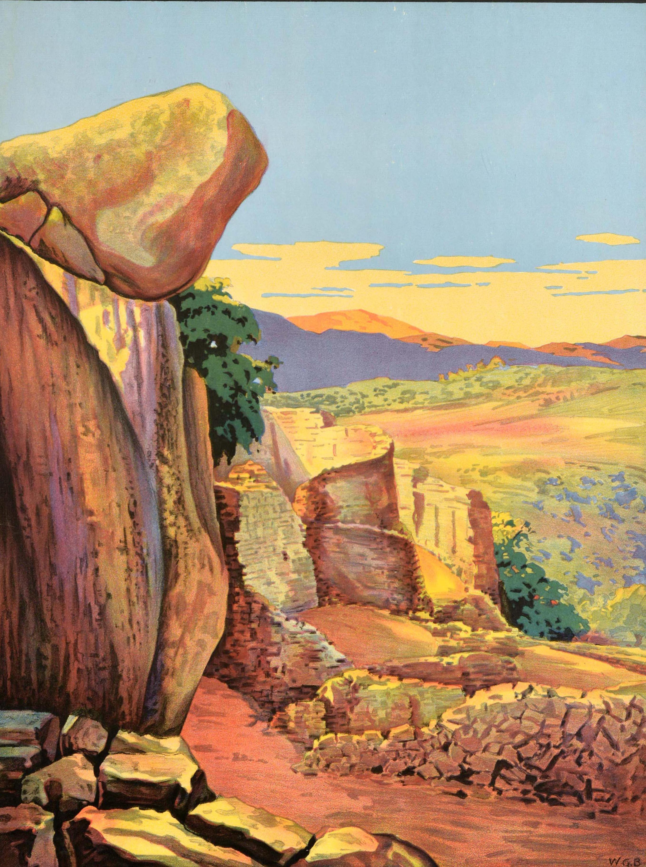 Original vintage Africa travel poster for Zimbabwe Southern Rhodesia featuring a stunning scenic view by William George Bevington (1881-1953) depicting rocks and the ruins of the ancient 11th-15th century city stone walls with trees and hills in the