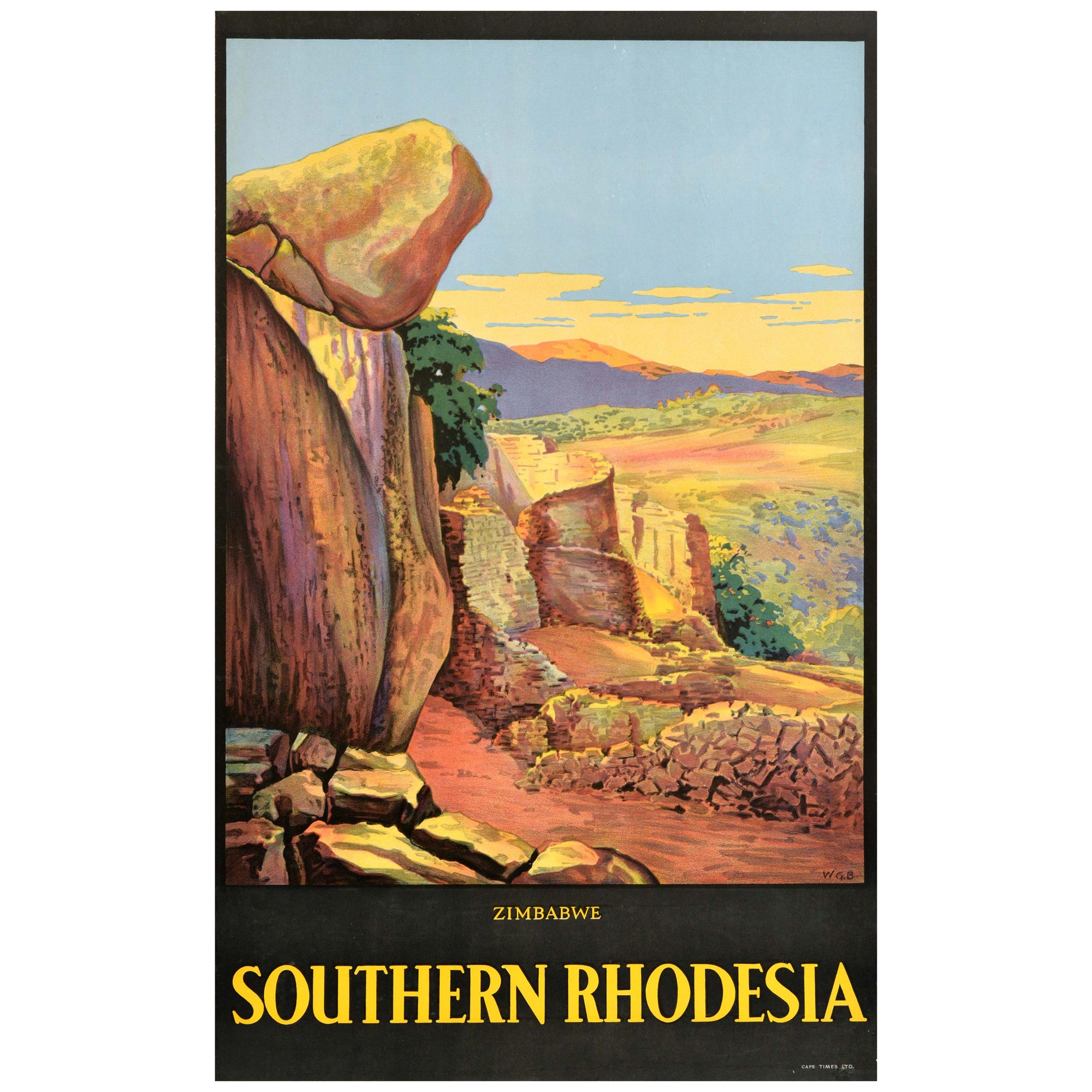 Poster di viaggio originale dell'Africa d'epoca Rhodesia meridionale Zimbabwe Città antica