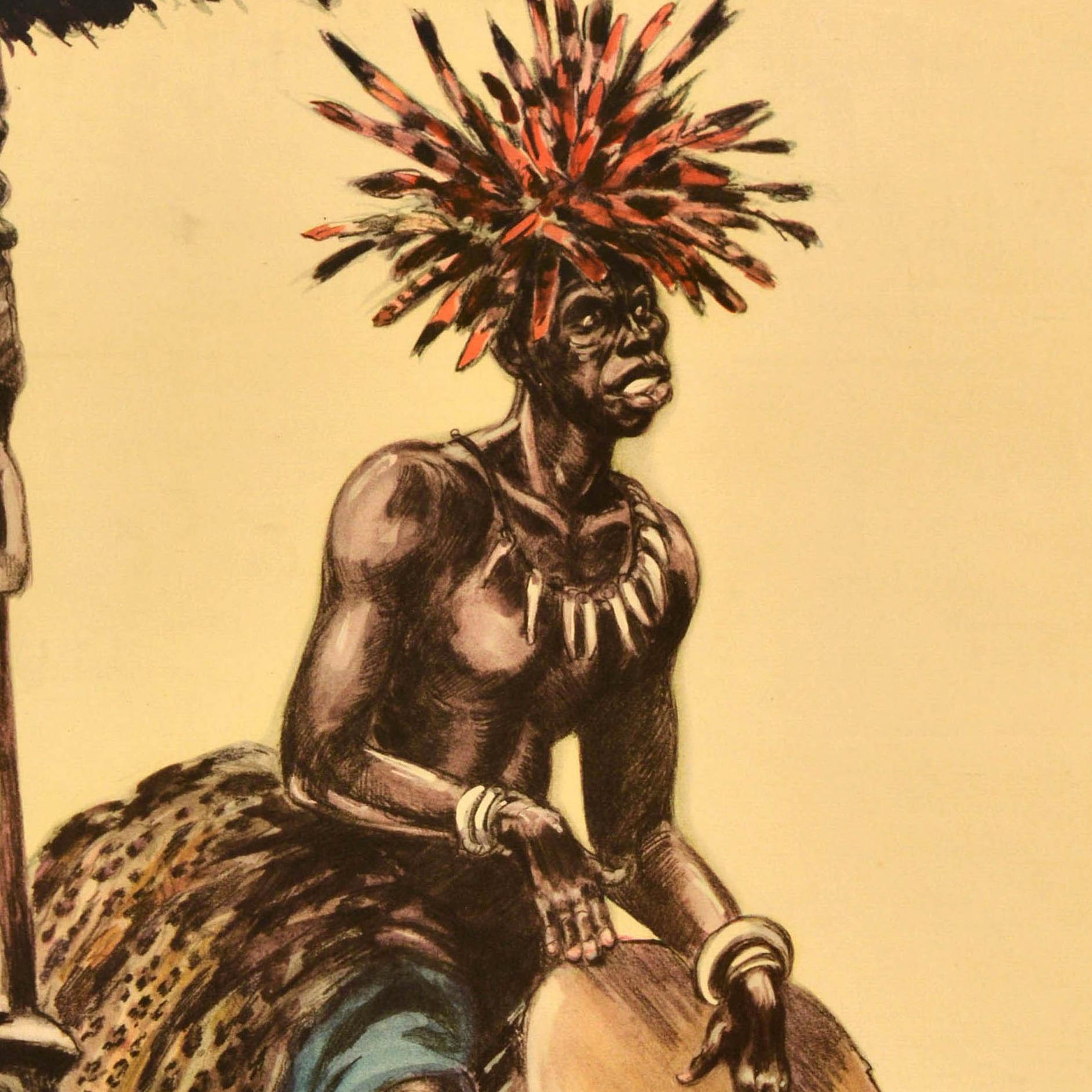 Original Vintage Afrika-Reiseplakat, Tribesman, Musiker, Afrika, James Thiriar, James Thiriar (Mitte des 20. Jahrhunderts) im Angebot