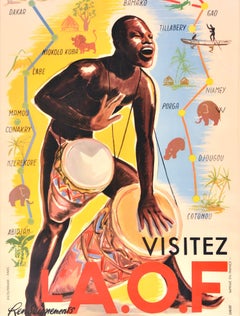 Original Vintage African Travel Poster French West Africa Drummer AOF Map