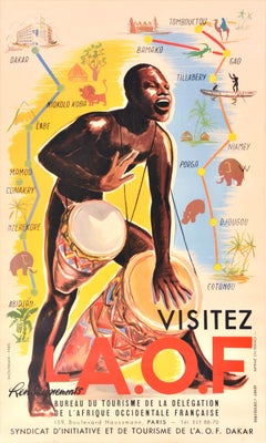 Original Vintage African Travel Poster French West Africa Drummer AOF Map