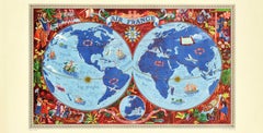 Original Vintage Air France Poster Illustrated Map World Travel Art Planisphere