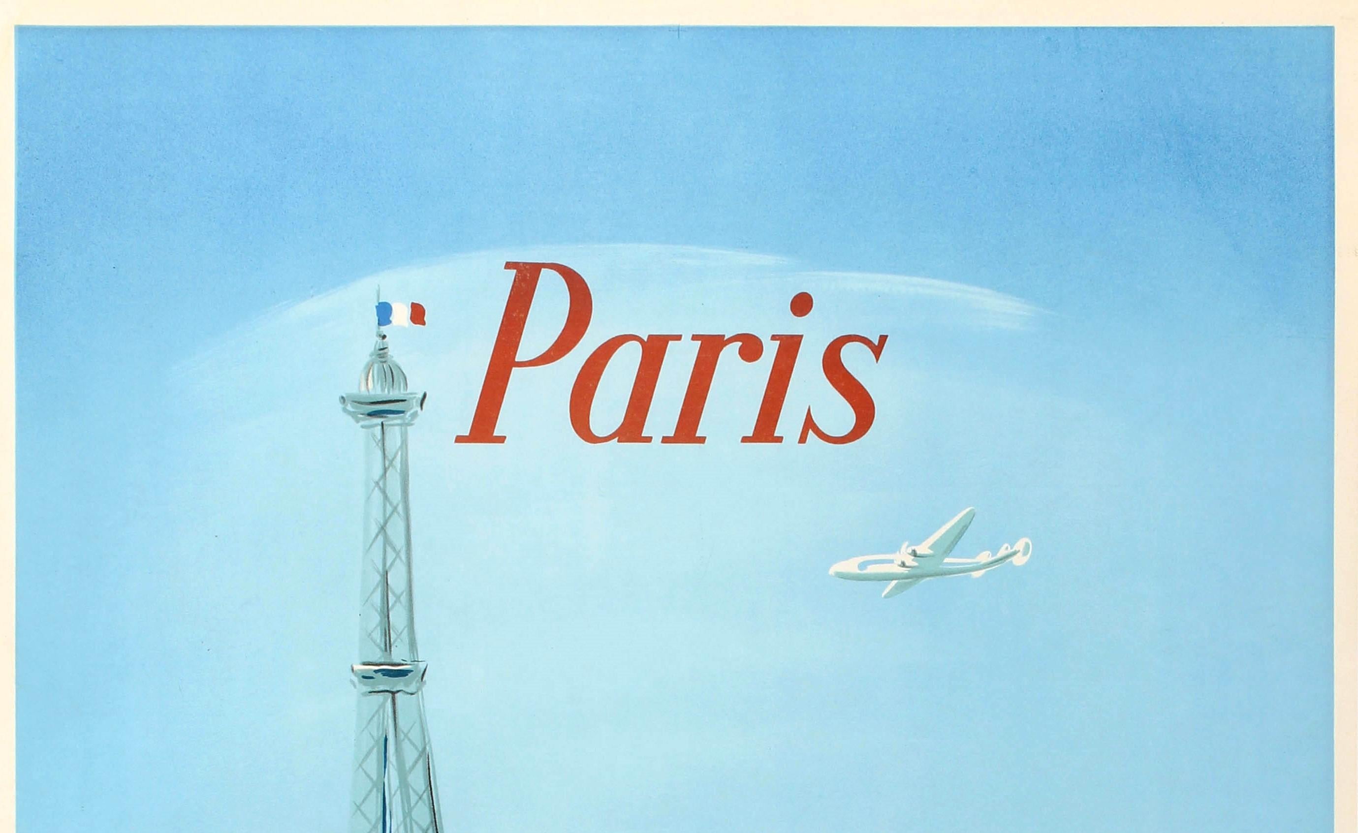 Original vintage travel poster for Paris by Air France featuring a great design depicting the Eiffel Tower and other historic buildings and architecture in the French capital on the back of a white bird with an Air France Lockheed Constellation