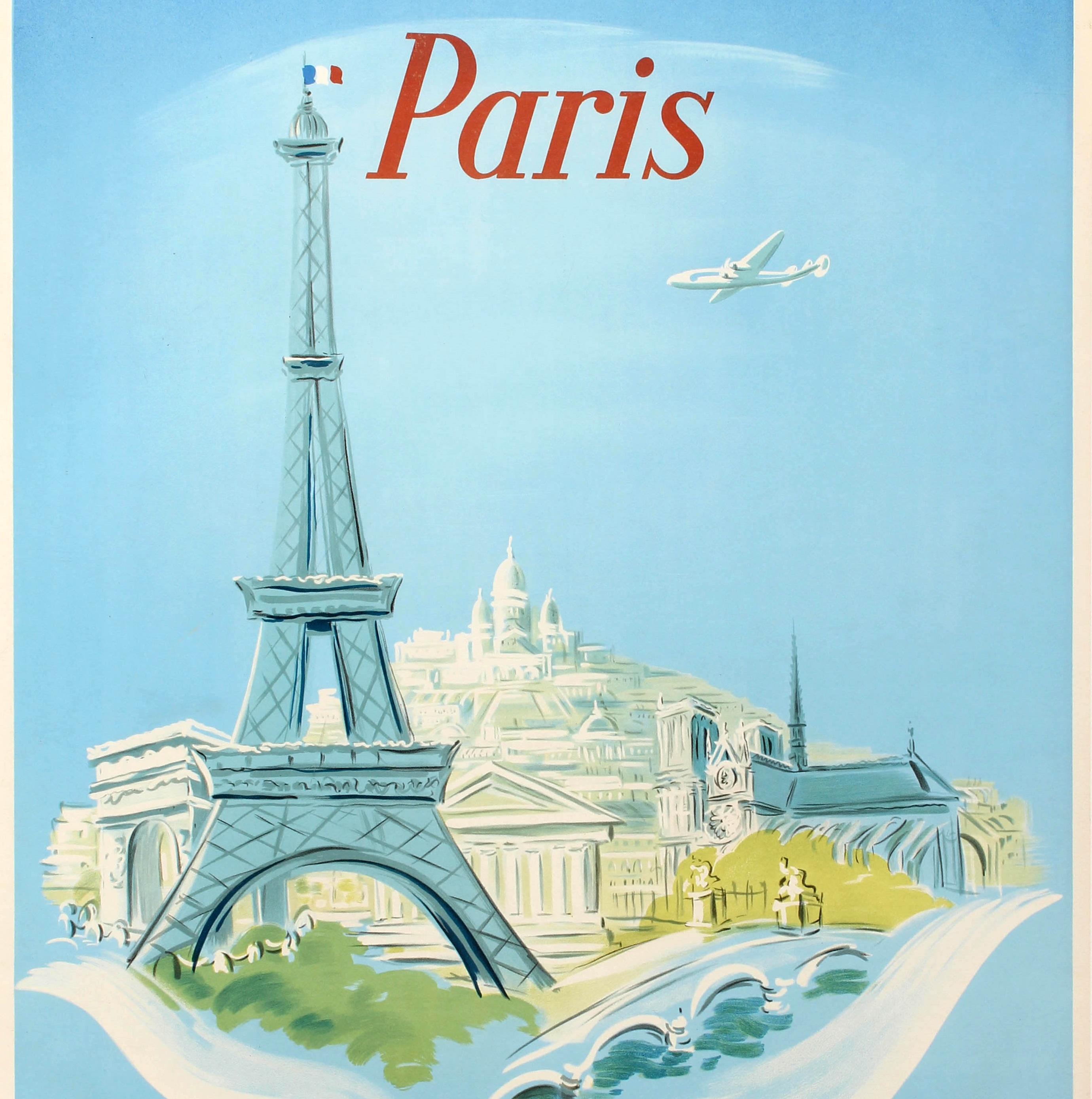 French Original Vintage Air France Poster Paris Ft. Eiffel Tower Lockheed Constellation