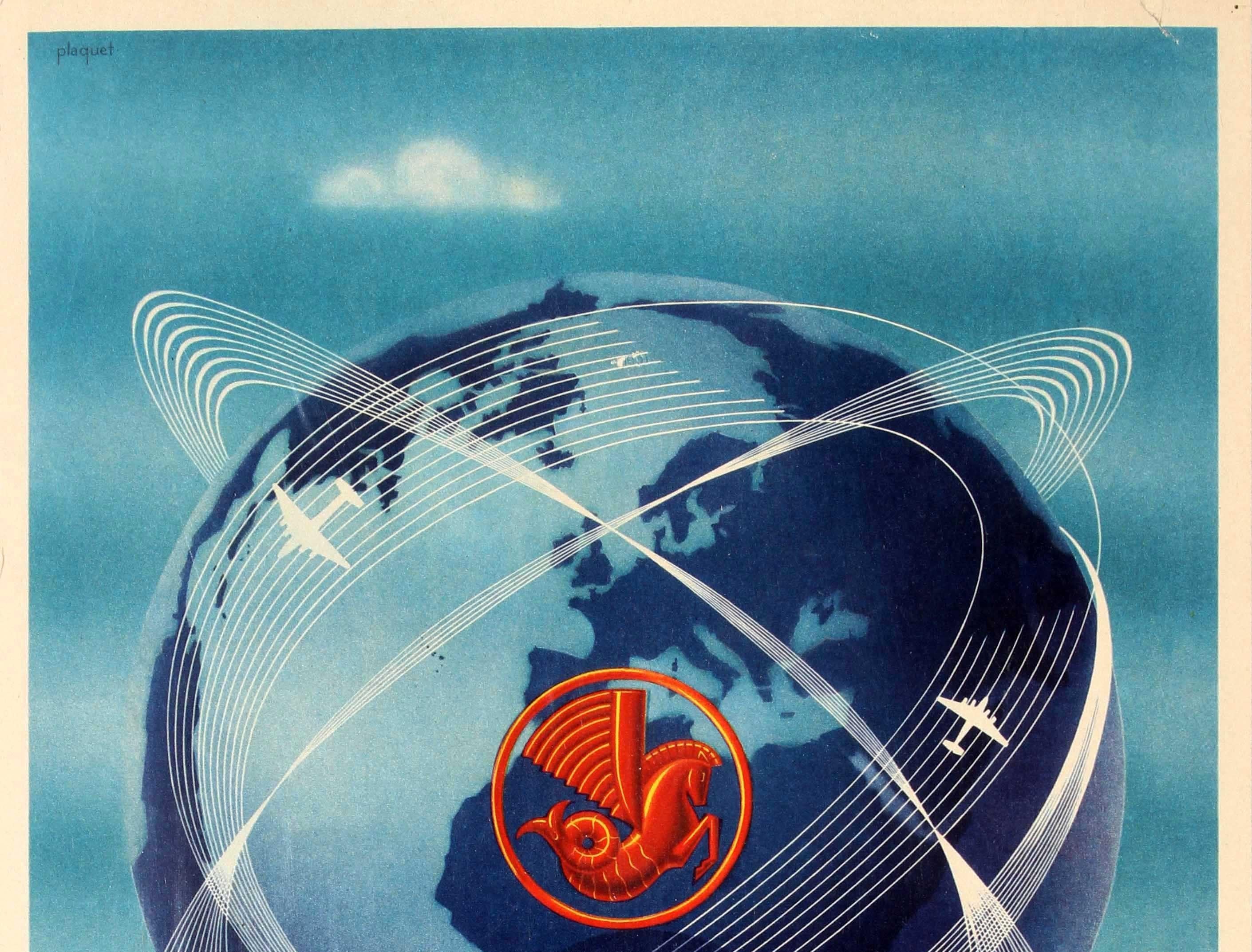 Original vintage Air France travel poster advertising its worldwide air network / Air France Reseau Aerien Mondial. Great artwork featuring two white planes flying along multiple white lines around a globe with the red Air France seahorse (pegasus /