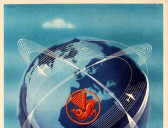 Original Vintage Air France Poster Reseau Aerien Mondial World Air Network Globe