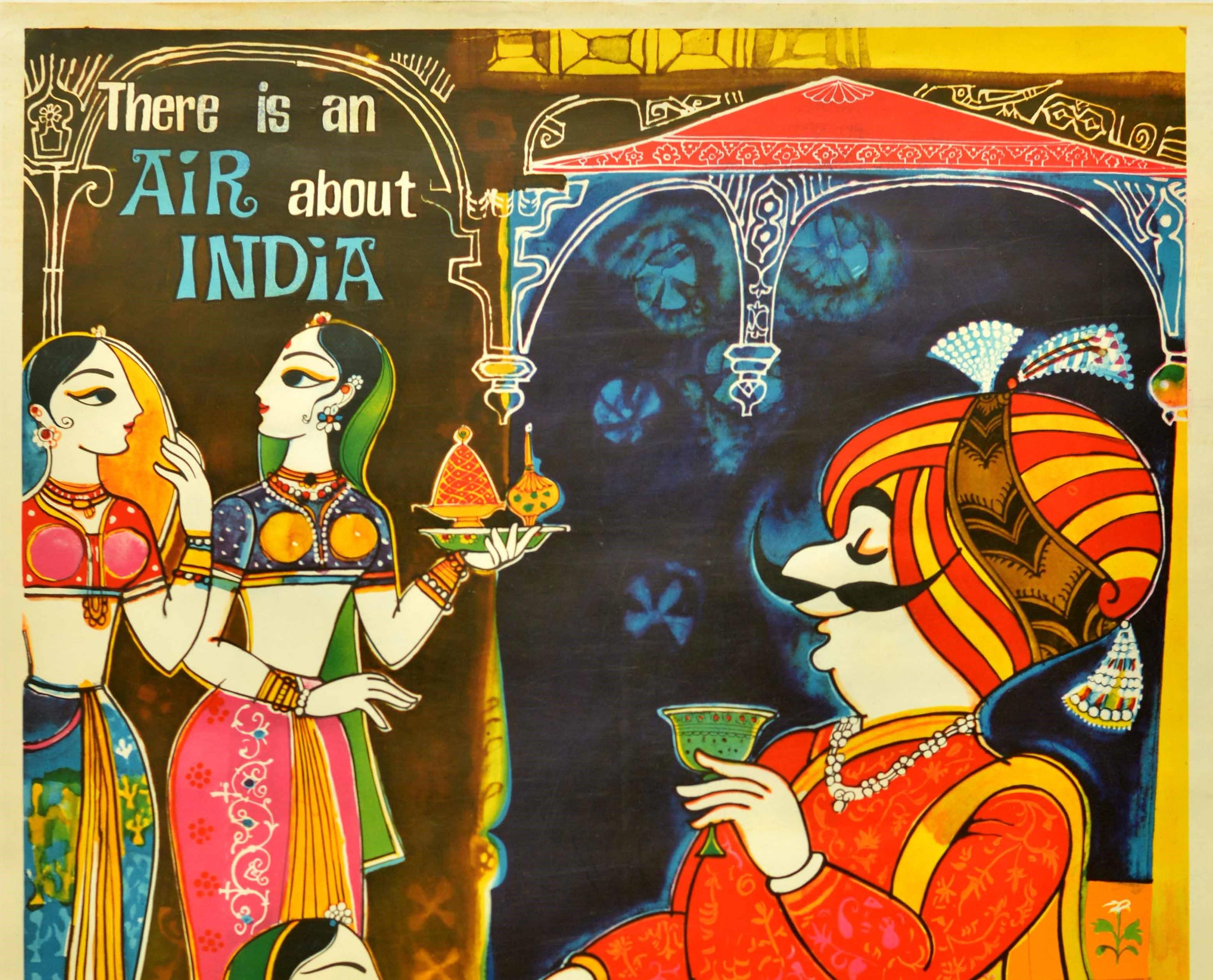 Original vintage travel advertising poster for Air India - There is an air about India - featuring a colourful image of ladies wearing jewellery and traditional sari dresses serving drink to the Air India mascot, a Maharajah (created in 1946 by