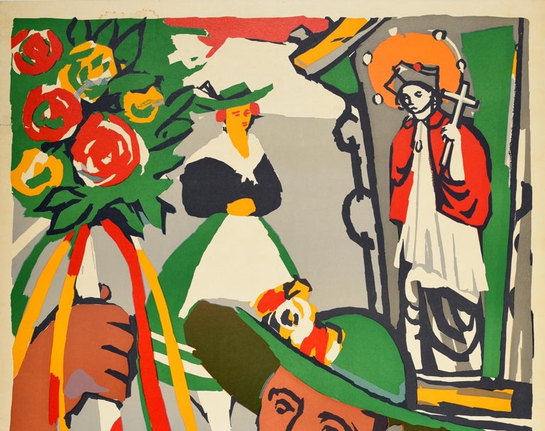 Original vintage travel poster for Austria issued by Swissair featuring colourful festive artwork of a man holding a red and white pole decorated with flowers and ribbons in front of a lady in a traditional dress and apron next to a religious image