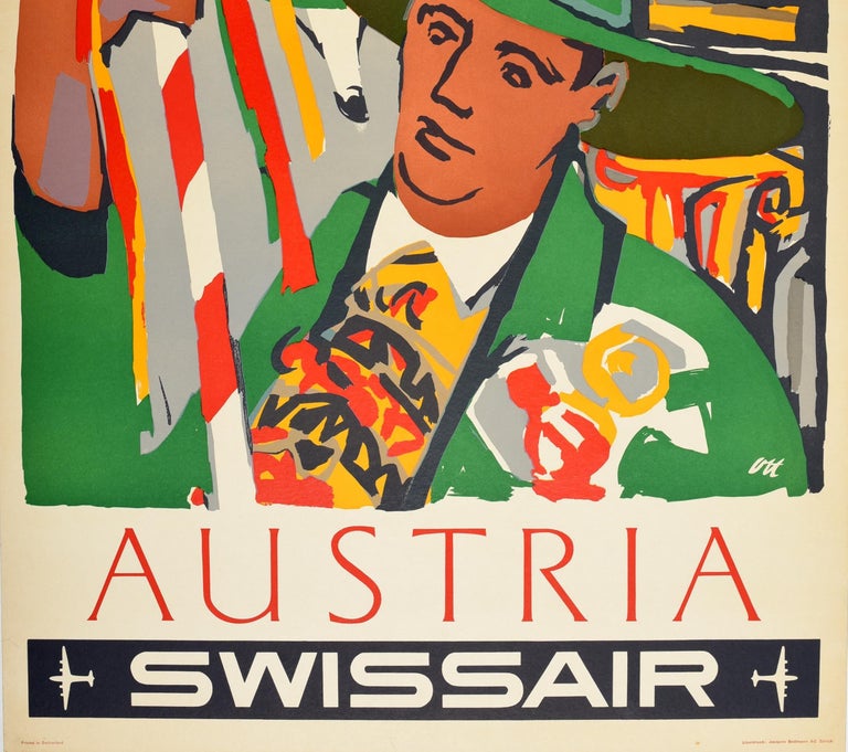 Original Vintage Air Line Travel Poster Austria Swissair Flowers Festival Art In Good Condition For Sale In London, GB