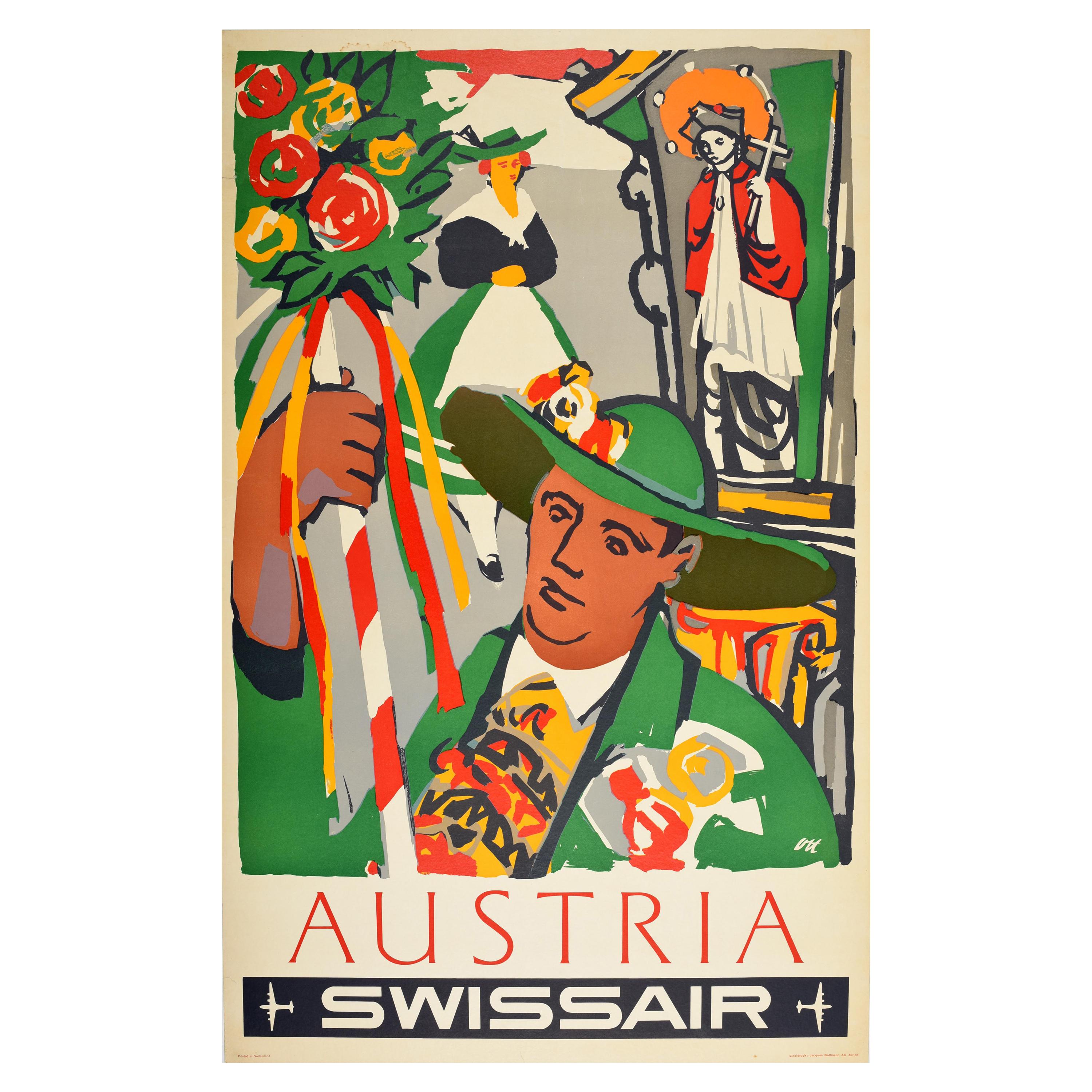 Original Vintage Air Line Travel Poster Austria Swissair Flowers Festival Art