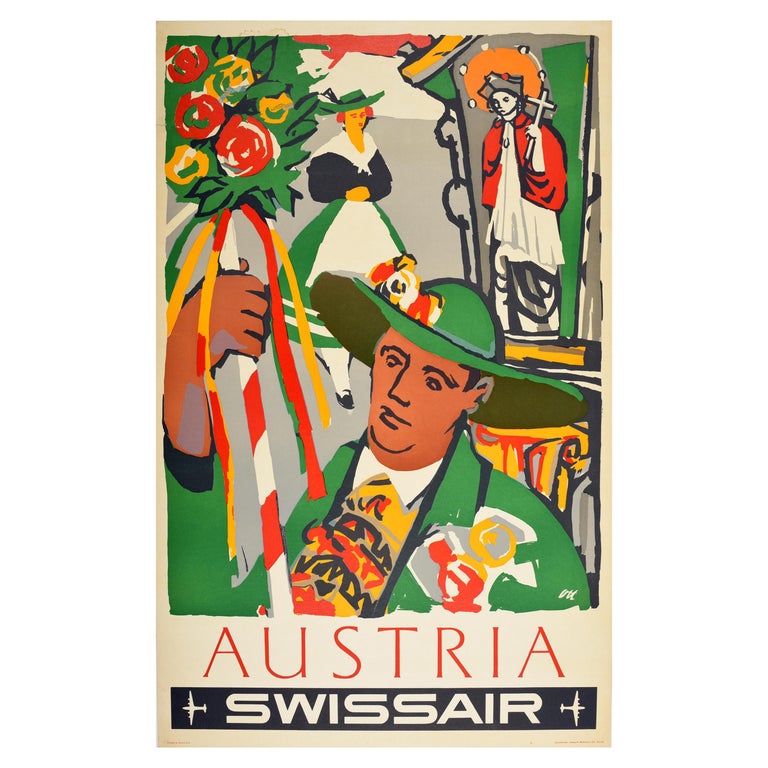 Original Vintage Air Line Travel Poster Austria Swissair Flowers Festival Art For Sale