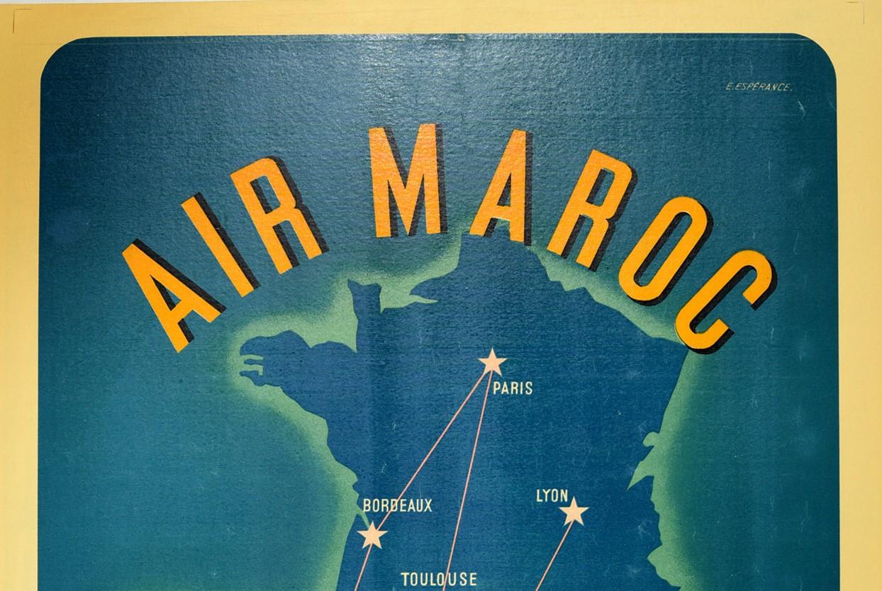 Original vintage travel poster advertising Air Maroc. Great design featuring a stylised image of a jet plane flying towards the viewer with propellers on each wing and a route map in the background of France and Spain in Europe and Morocco in North