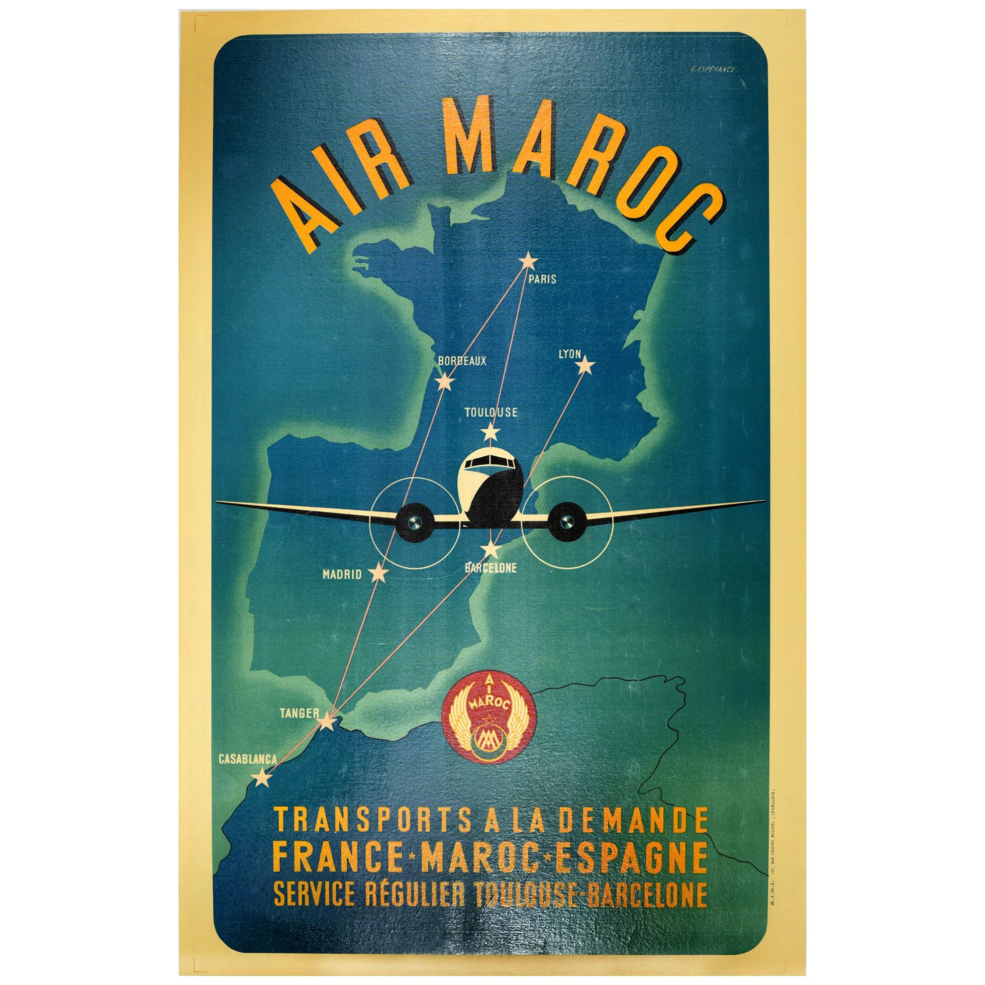 Original Vintage Air Maroc Travel Poster Route Map France Morocco Spain Services