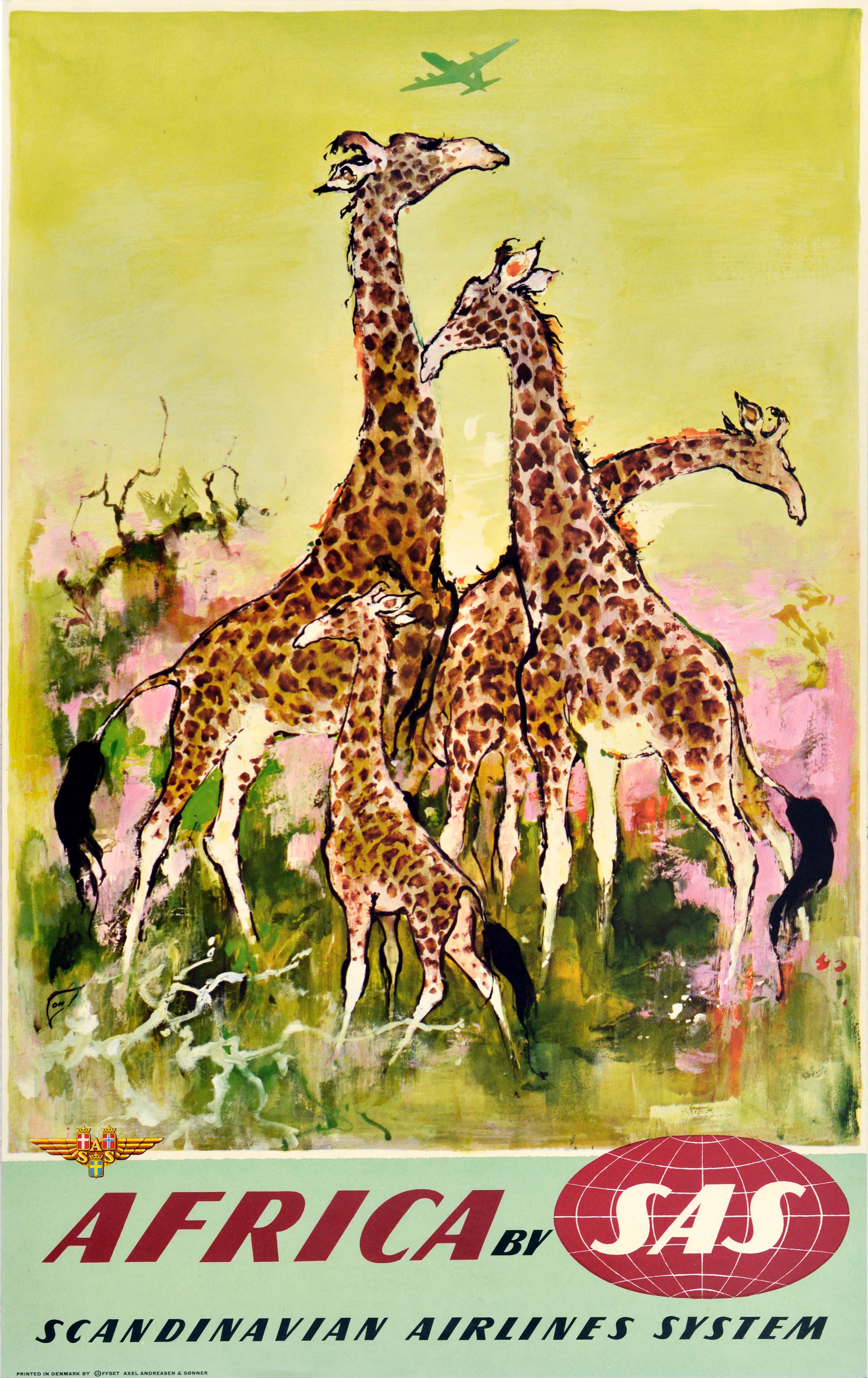 Original Vintage Air Travel Poster Afrika Giraffe SAS Airlines Otto Nielsen Blau