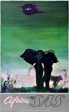 Original Vintage Air Travel Poster Africa SAS Airline Elephants Otto Nielsen