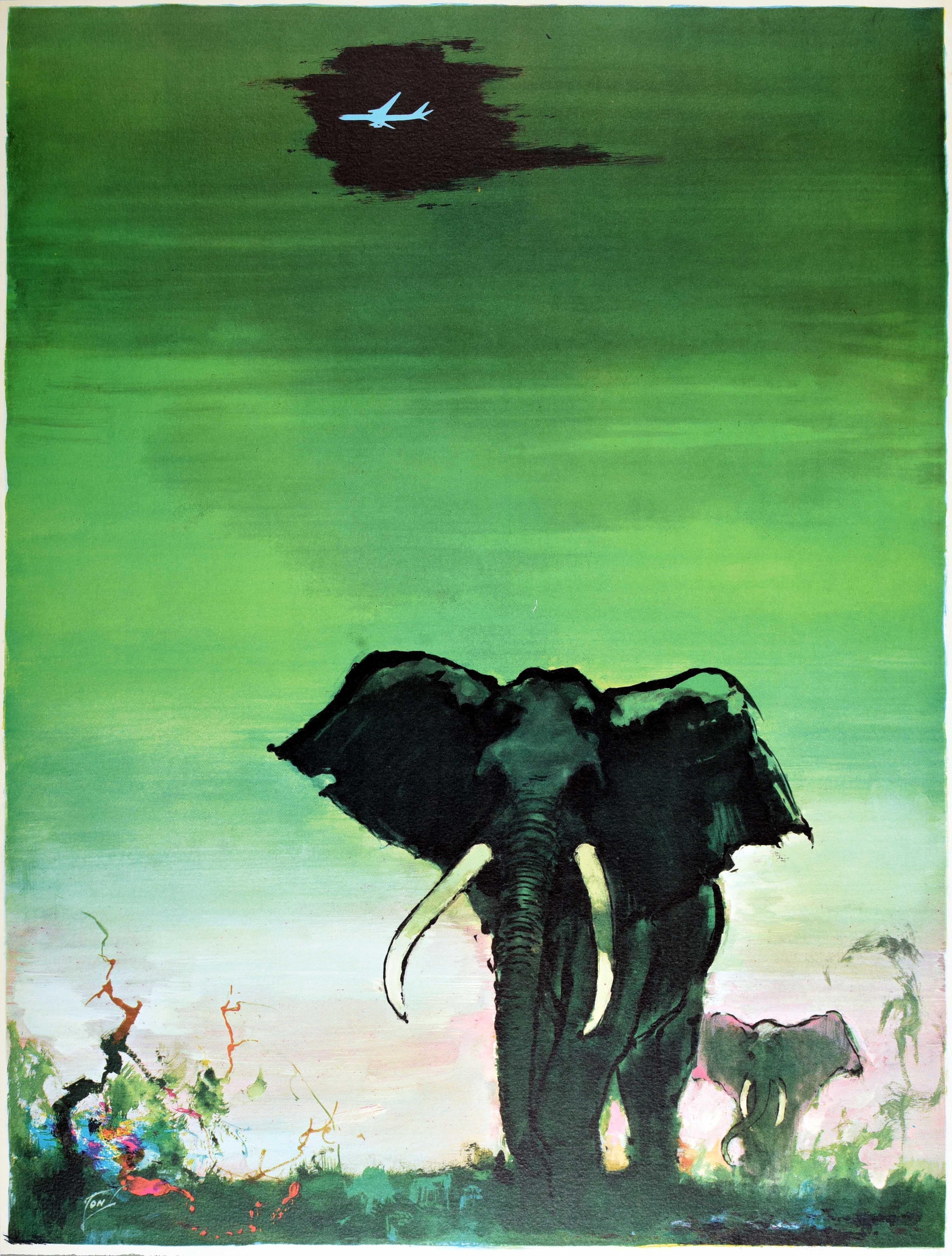 Original Vintage-Reiseplakat - Afrika von SAS Scandinavian Airlines System - mit atemberaubenden Kunstwerken des bedeutenden dänischen Künstlers Otto Nielsen (1916-2000) von Elefanten, die in der Savanne auf den Betrachter zugehen, mit einem