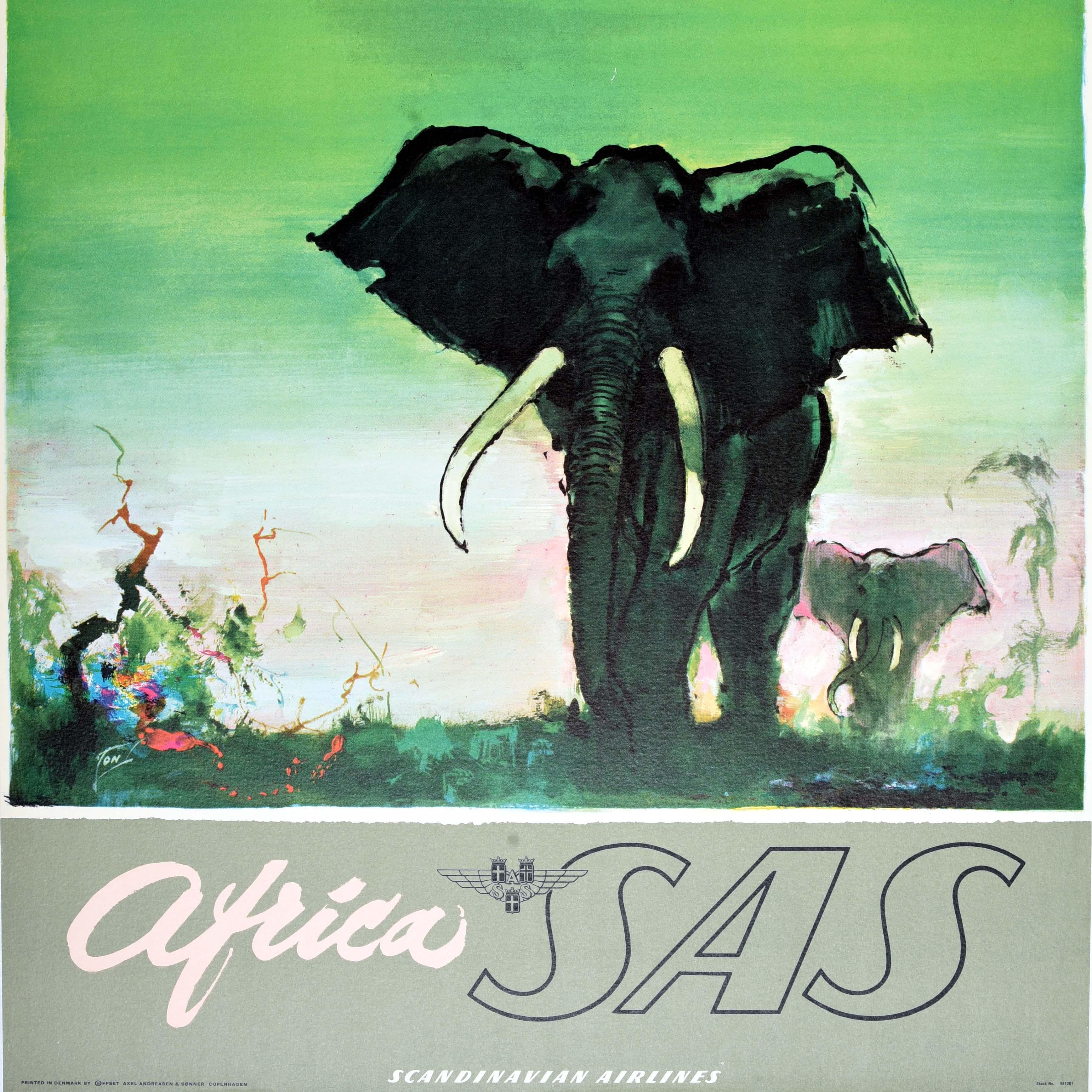 Original Vintage Air Travel Poster Afrika SAS Airline Otto Nielsen Elefanten im Zustand „Gut“ im Angebot in London, GB