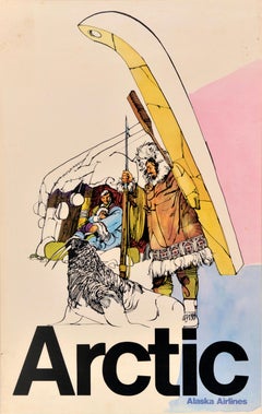 Original Vintage Air Travel Poster Arctic Alaska Airlines Walrus Hunter USA
