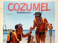 Original Vintage Air Travel Poster Cozumel Mexico Mexicana Scuba Diving Fishing