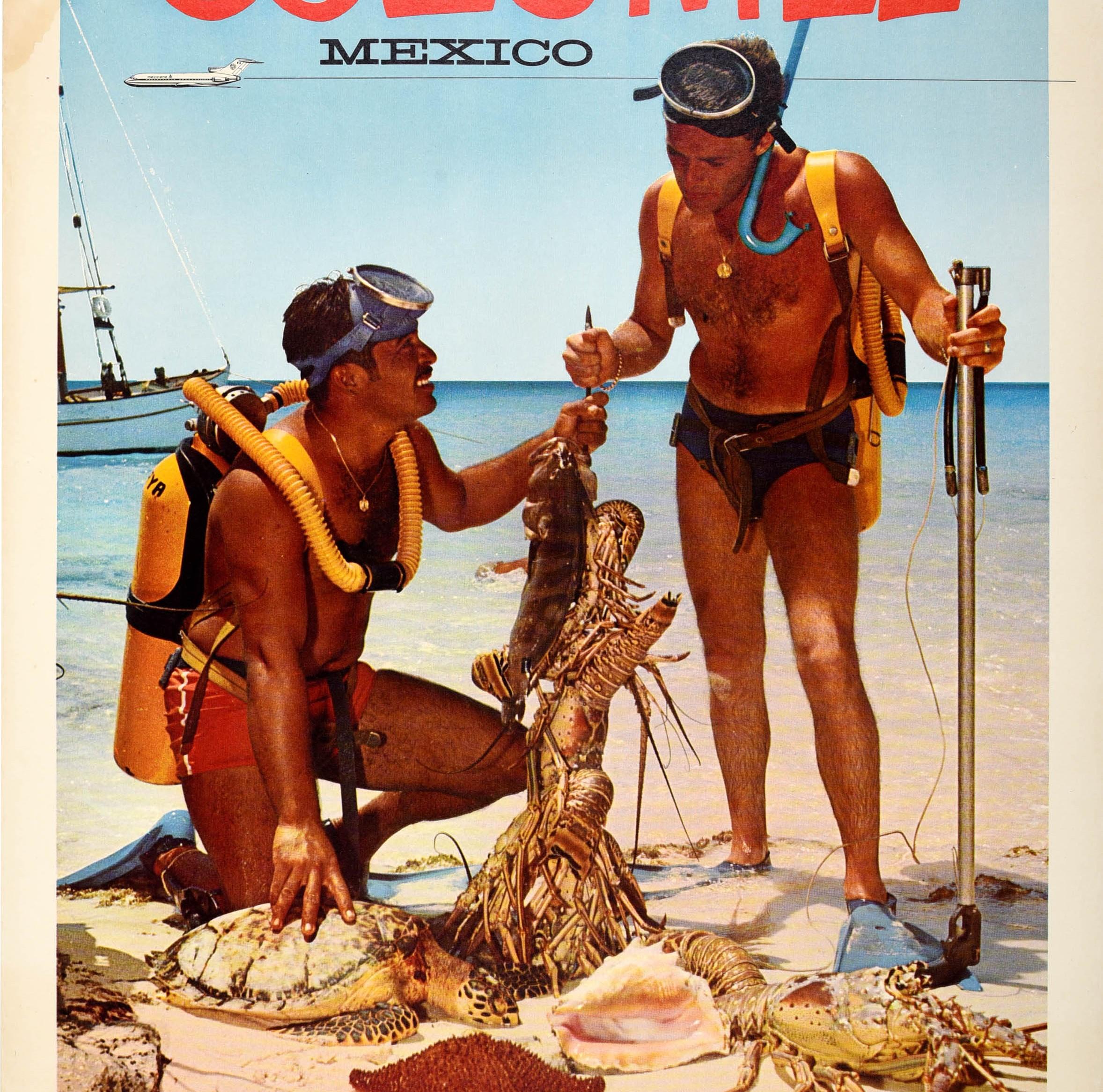 Mid-20th Century Original Vintage Air Travel Poster Cozumel Mexico Mexicana Scuba Diving Fishing