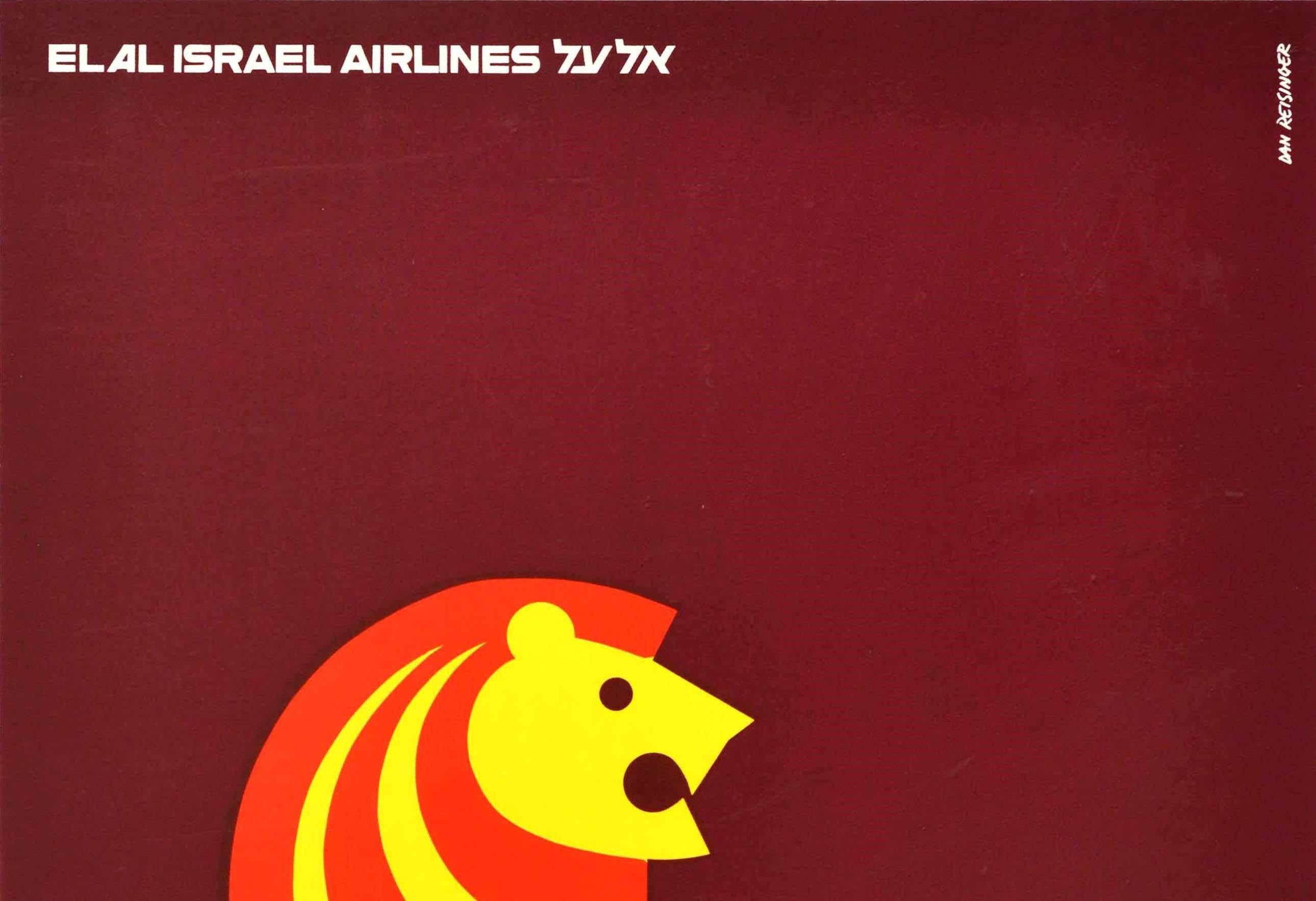 Original vintage travel poster issued by El Al Israel Airlines for Jerusalem featuring a great graphic design by the notable Israeli artist Dan Reisinger (1934-2019) depicting the bold white lettering of El Al with a lion - representing the Lion of