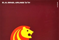 Original Vintage Air Travel Poster El Al Israel Airlines Jerusalem Lion Design