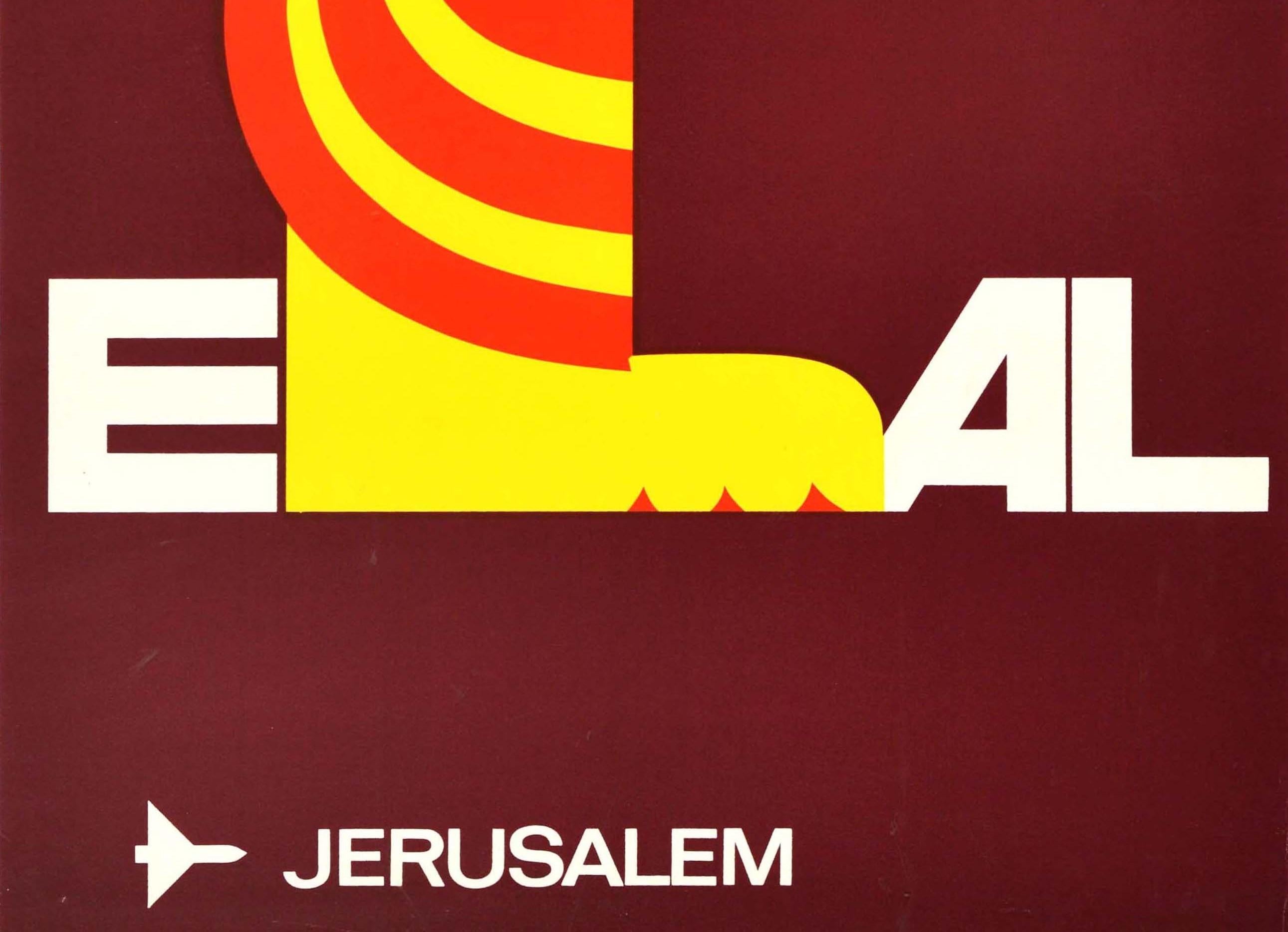 Israeli Original Vintage Air Travel Poster El Al Israel Airlines Jerusalem Lion Design