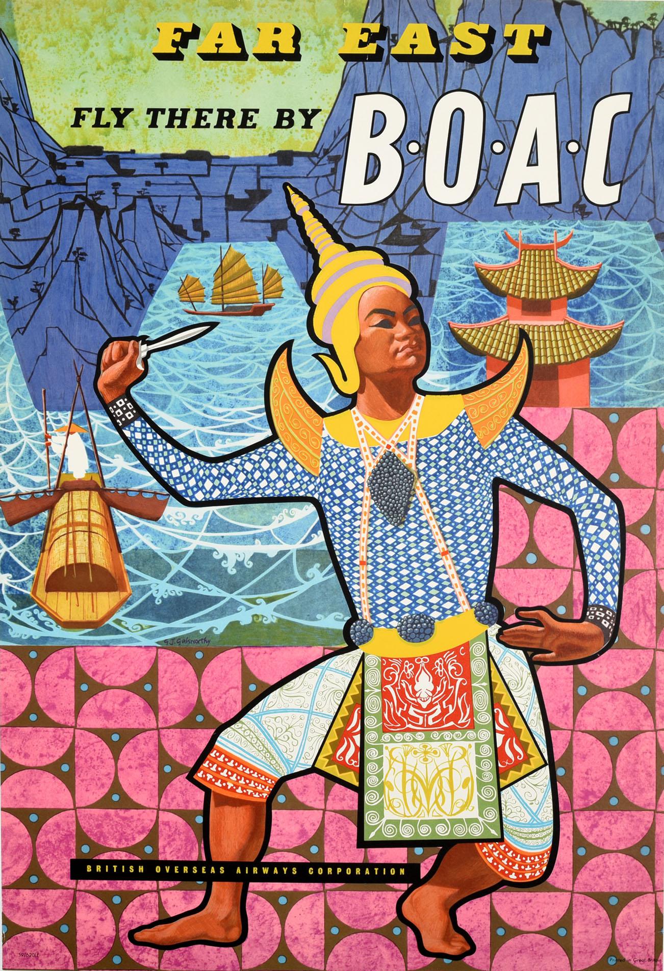 Original vintage travel poster advertising the Far East Fly there by BOAC British Overseas Airways Corporation featuring a colourful image of a traditional Thai dancer with mountains, a pagoda and wooden boats and a junk boat in full sail on the sea