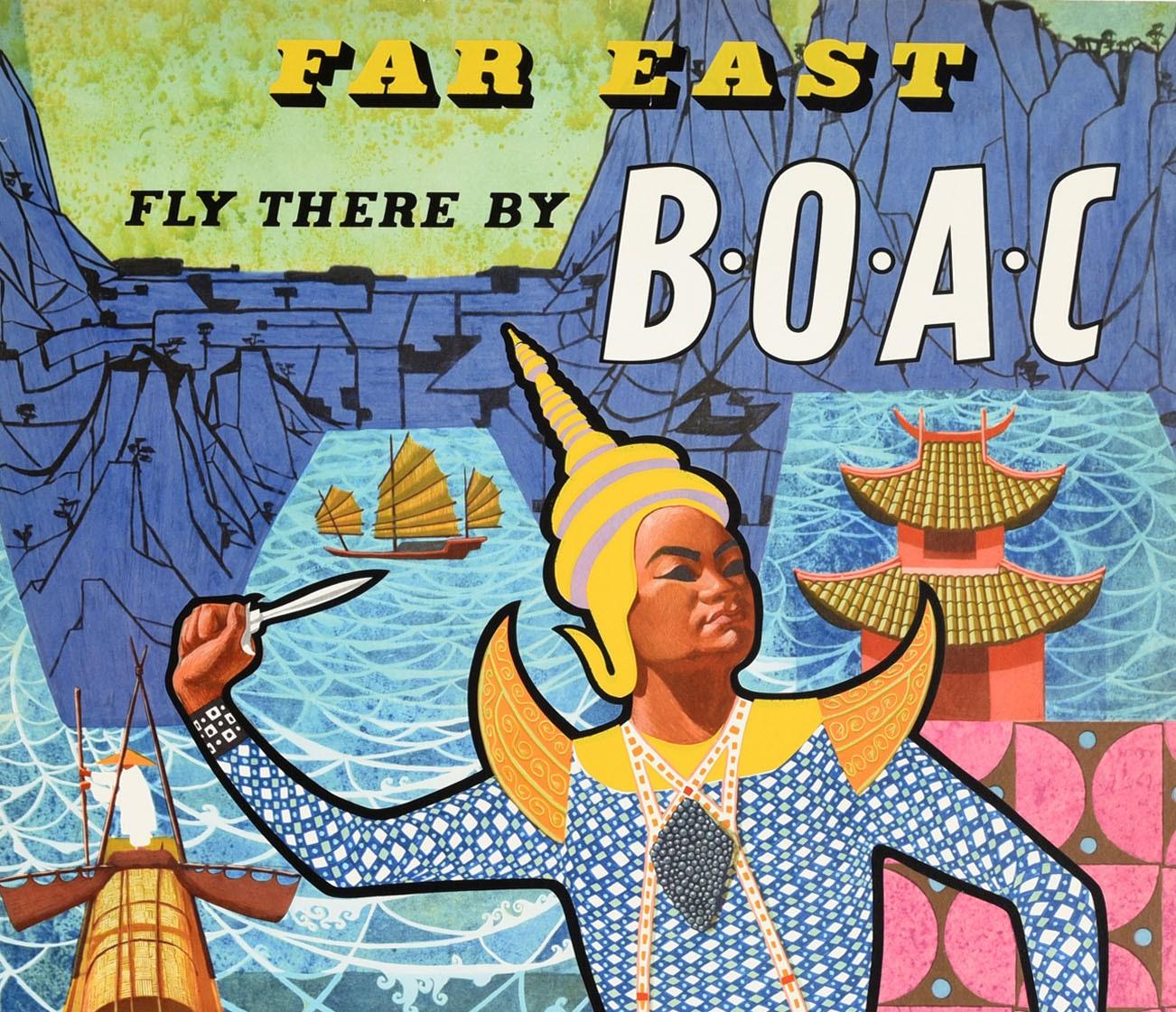 British Original Vintage Air Travel Poster Far East Fly There By BOAC Asia Dance Design For Sale