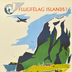 Original Vintage Air Travel Poster Flugfelag Islands Iceland Airways Kai Rich
