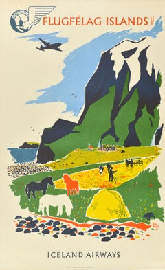 Original Vintage Air Travel Poster Flugfelag Islands Iceland Airways Kai Rich