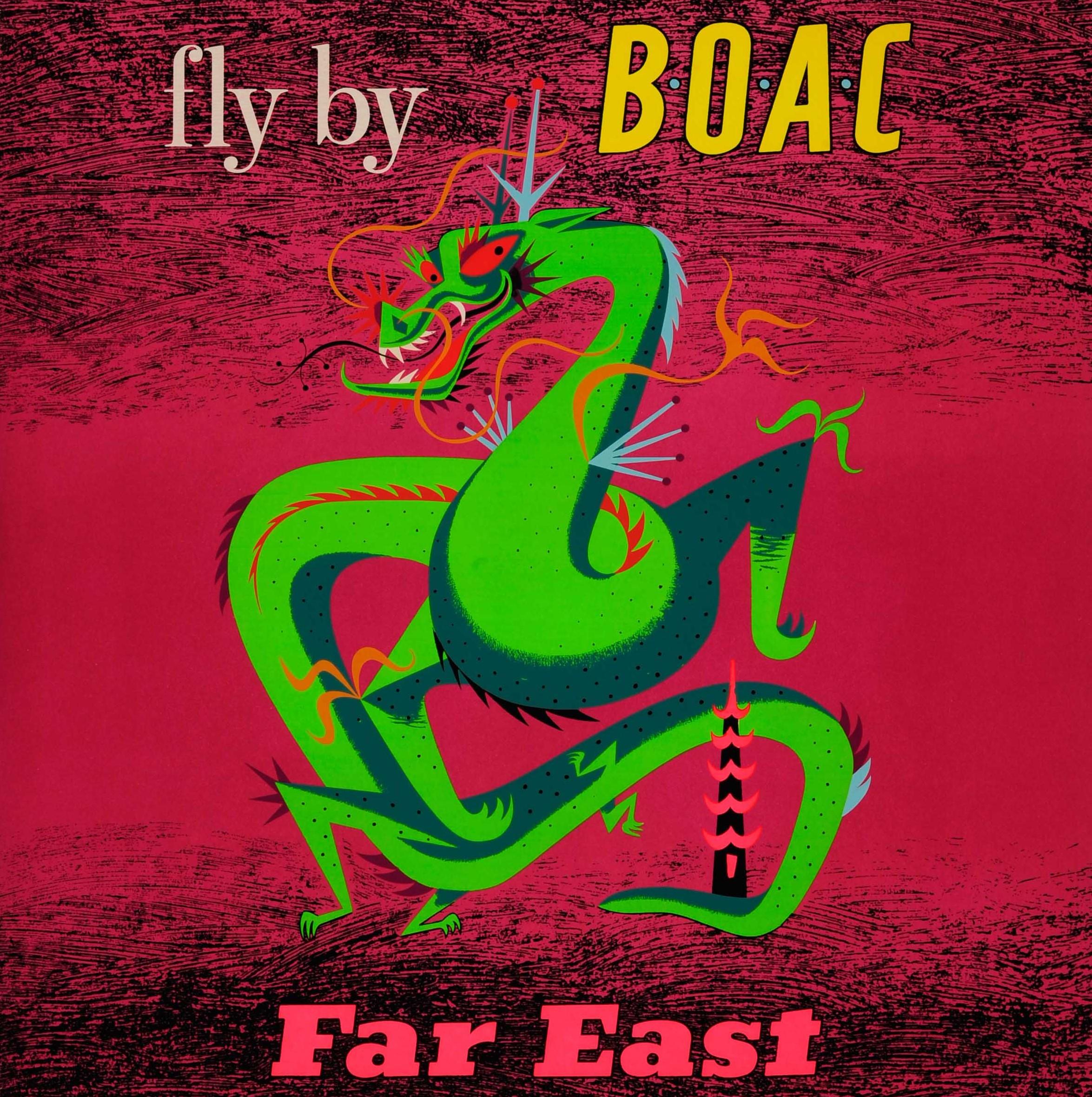 British Original Vintage Air Travel Poster Fly by BOAC to the Far East Ft. Dragon Design For Sale