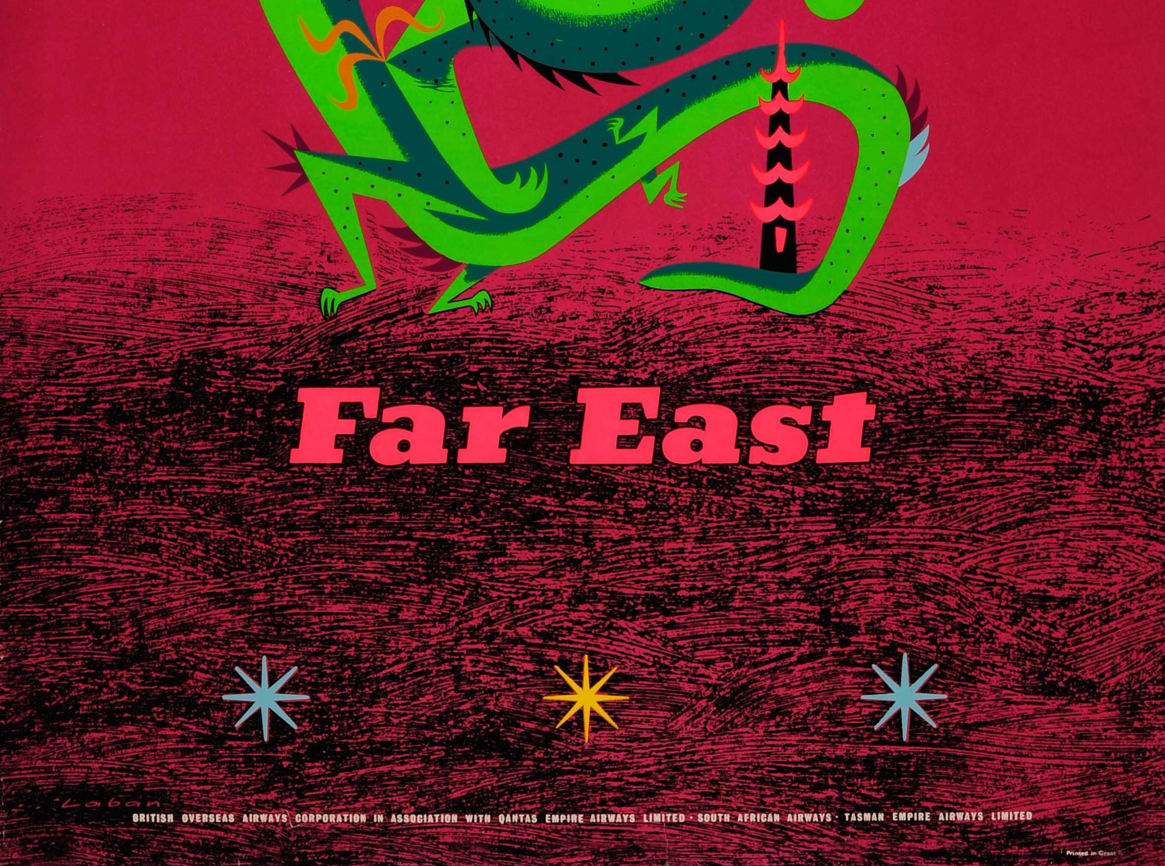Original Vintage Air Travel Poster Fly by BOAC to the Far East Ft. Dragon Design In Good Condition For Sale In London, GB
